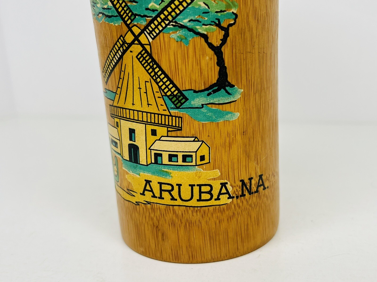 Vtg Bamboo Wood Cup Aruba, N.A. Windmill Tiki Bar Utensil Pen Holder 5.5″Tall