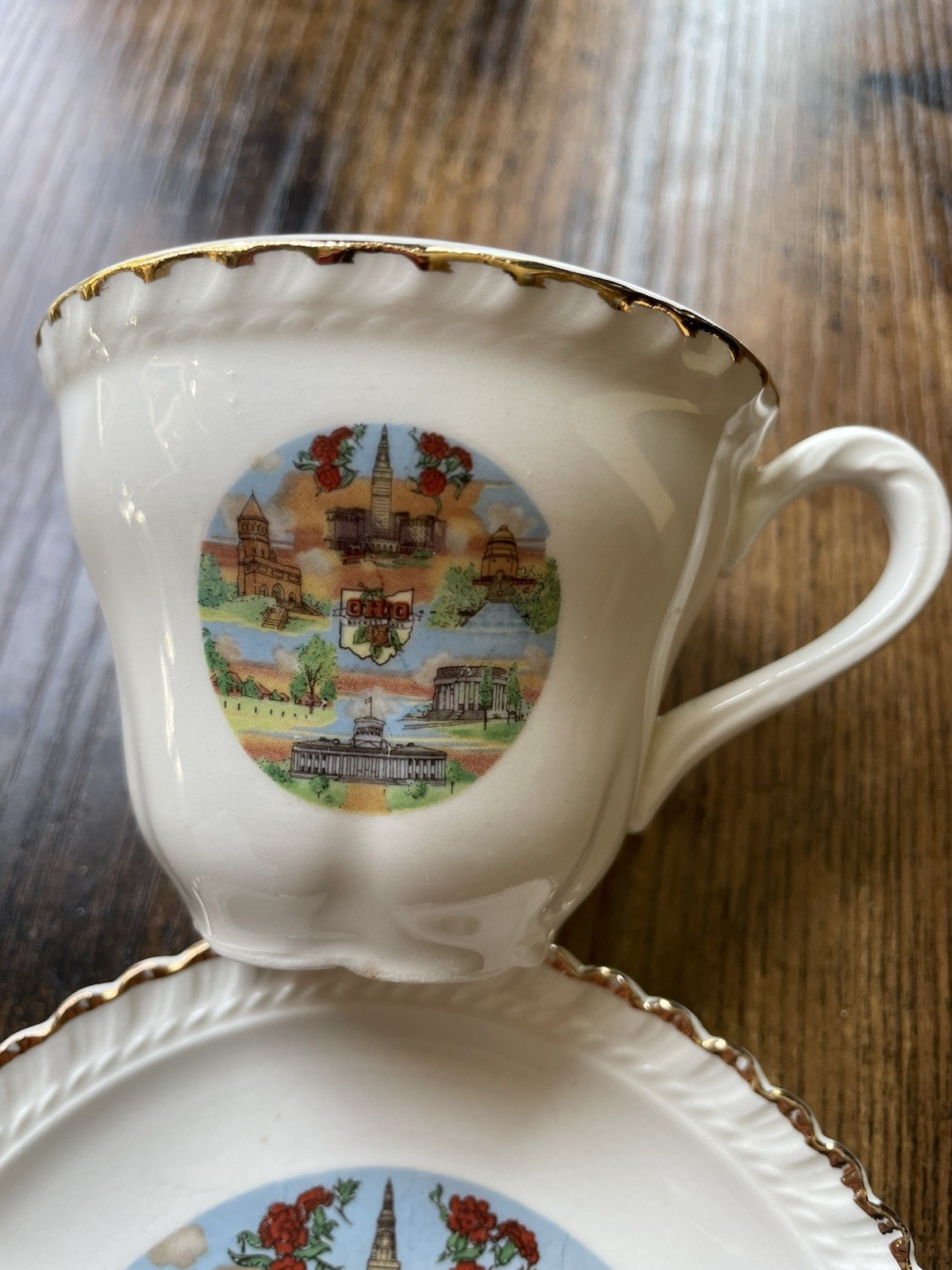 Vintage Ohio Buckeye State Souvenir Tea Cup and Saucer Set Capital Landmarks