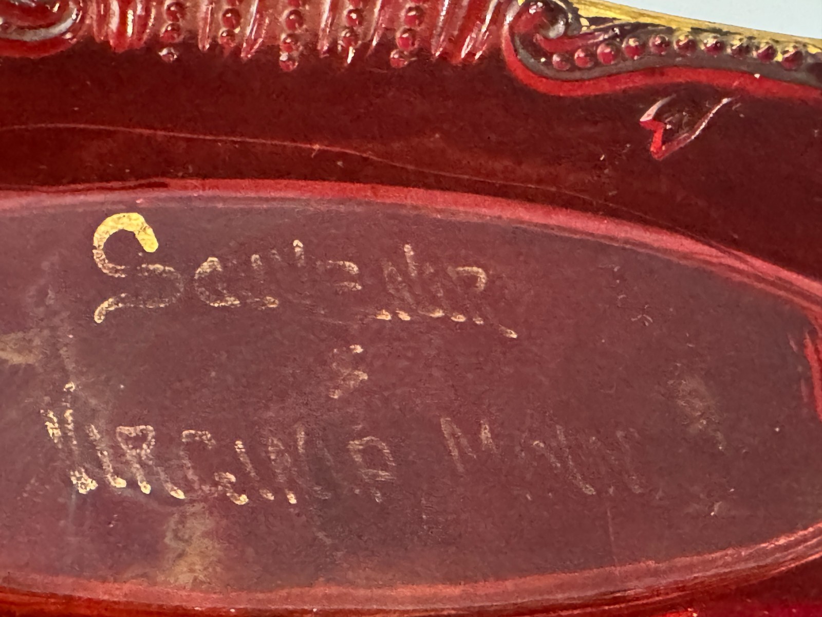 Antique Ruby Red Glass Trinket Dish w Gold Trim Souvenir VIRGINIA M 6×2.5×1″
