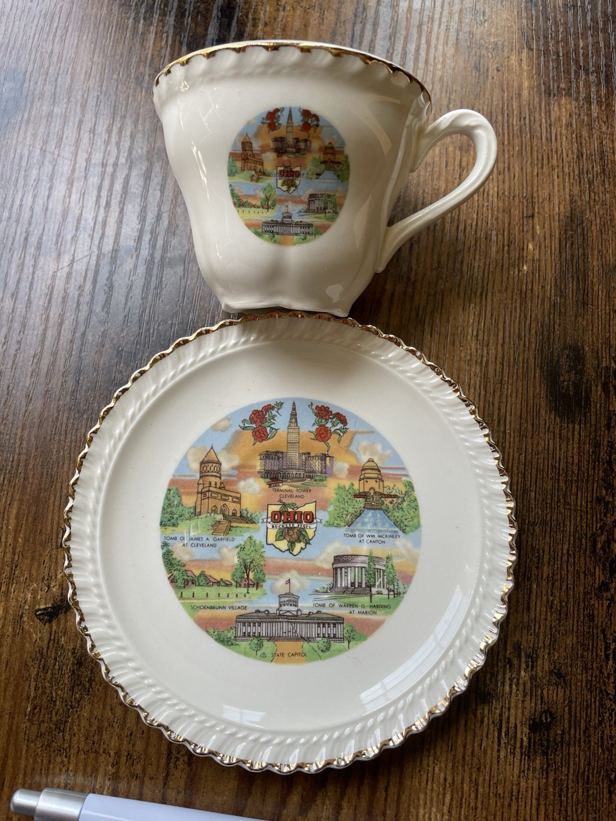 Vintage Ohio Buckeye State Souvenir Tea Cup and Saucer Set Capital Landmarks