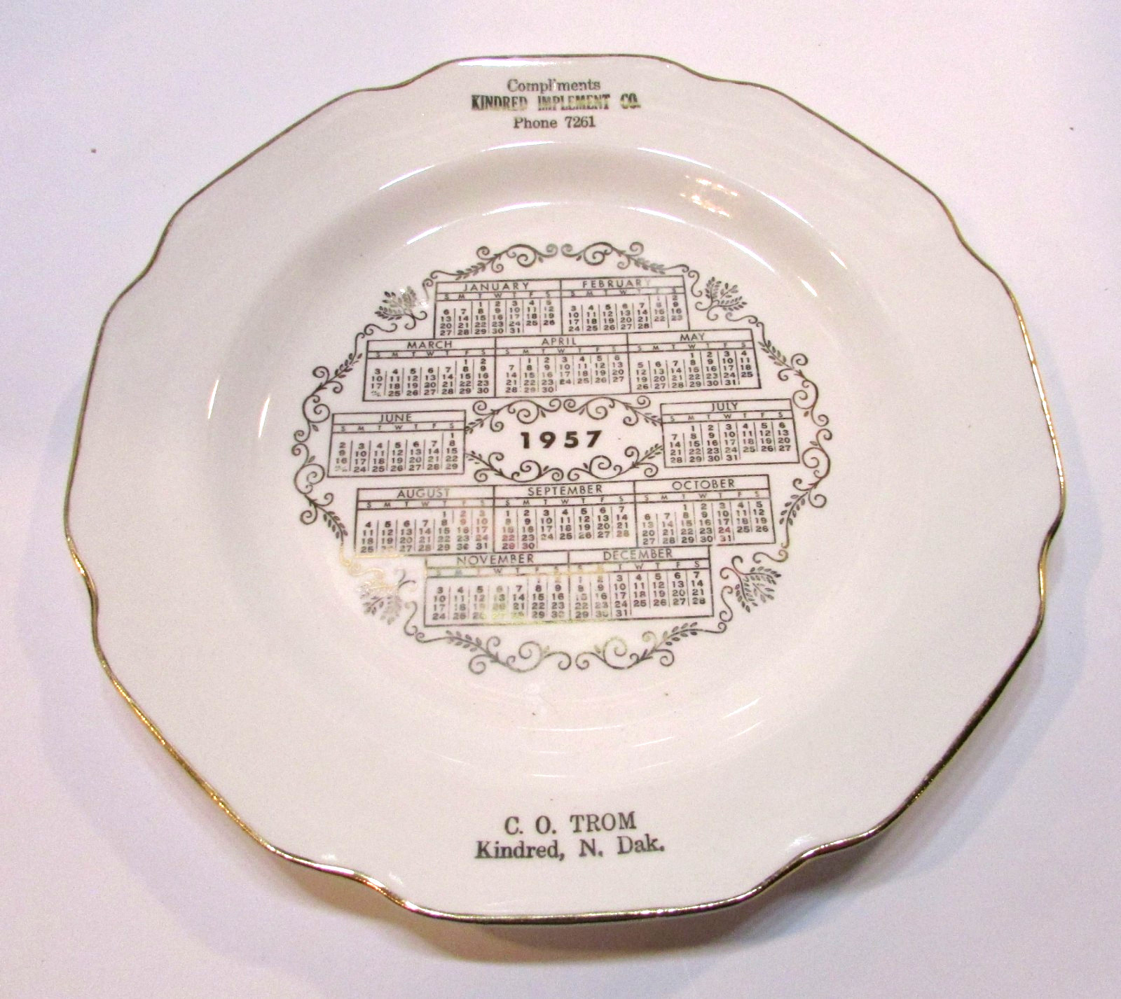 Vintage 1957 Trom Kindred ND Farm Implement 10″ Sabina Line 22 K Calendar Plate