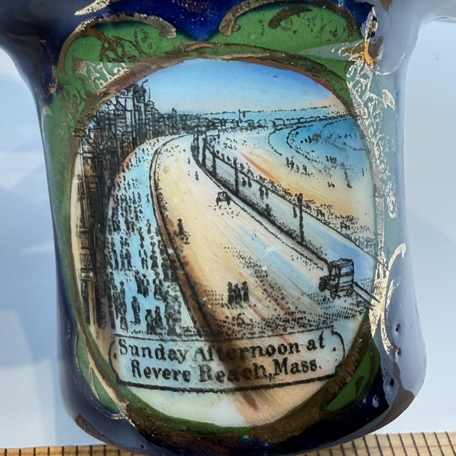 REVERE BEACH MA Massachusetts Souvenir Porcelain STREET VIEW COBALT TRINKET HAT