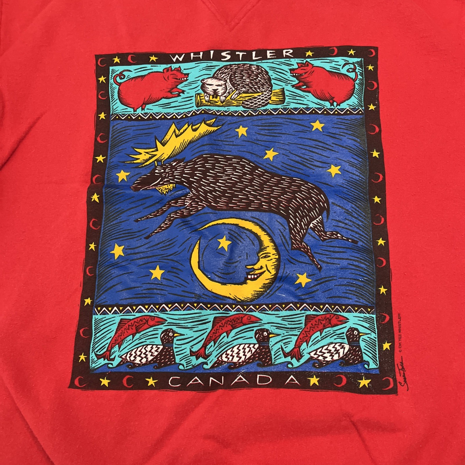 VTG 90’s Oh Yes medium Pullover Whistler Canada Moose, Beaver,Moon, Susan Todd