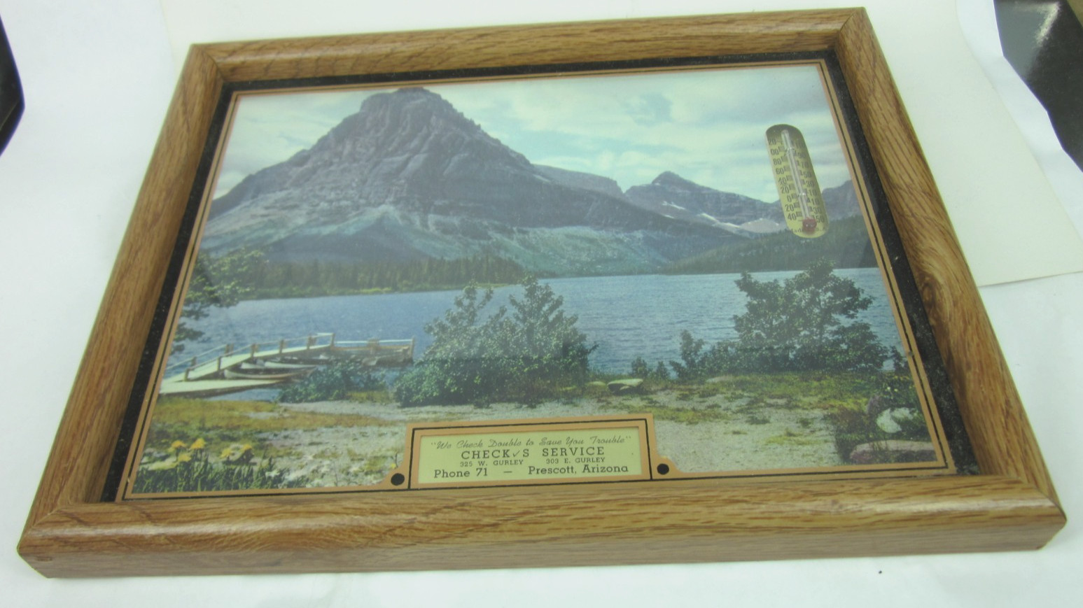 1950s Glass sign CHECK’S SERVICE Gurley St Phone 71 PRESCOTT ARIZONA THERMOMETER