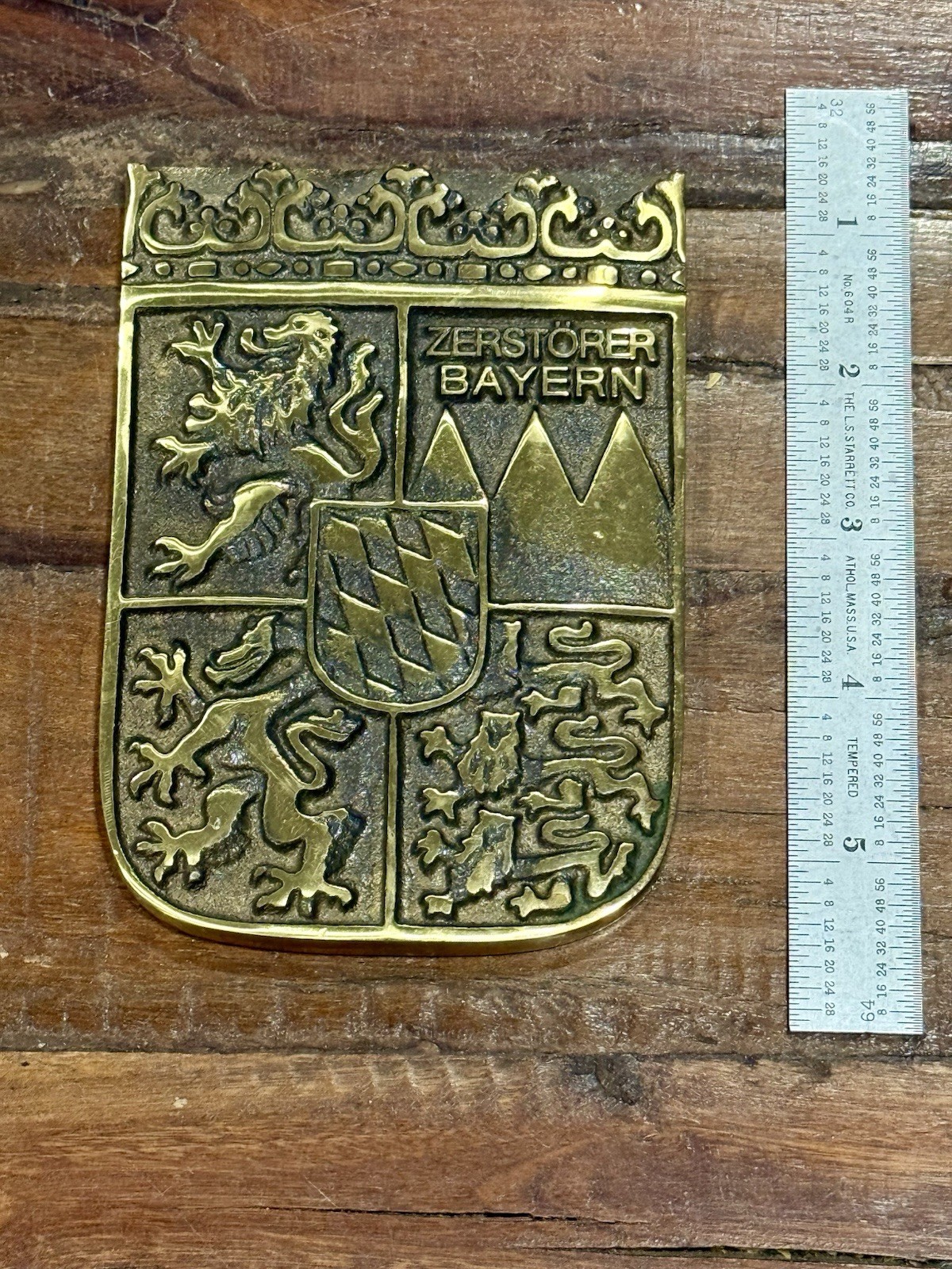 Antique Solid Brass ZERSTÖRER BAYERN German Naval Bavaria Heraldic Plaque Estate