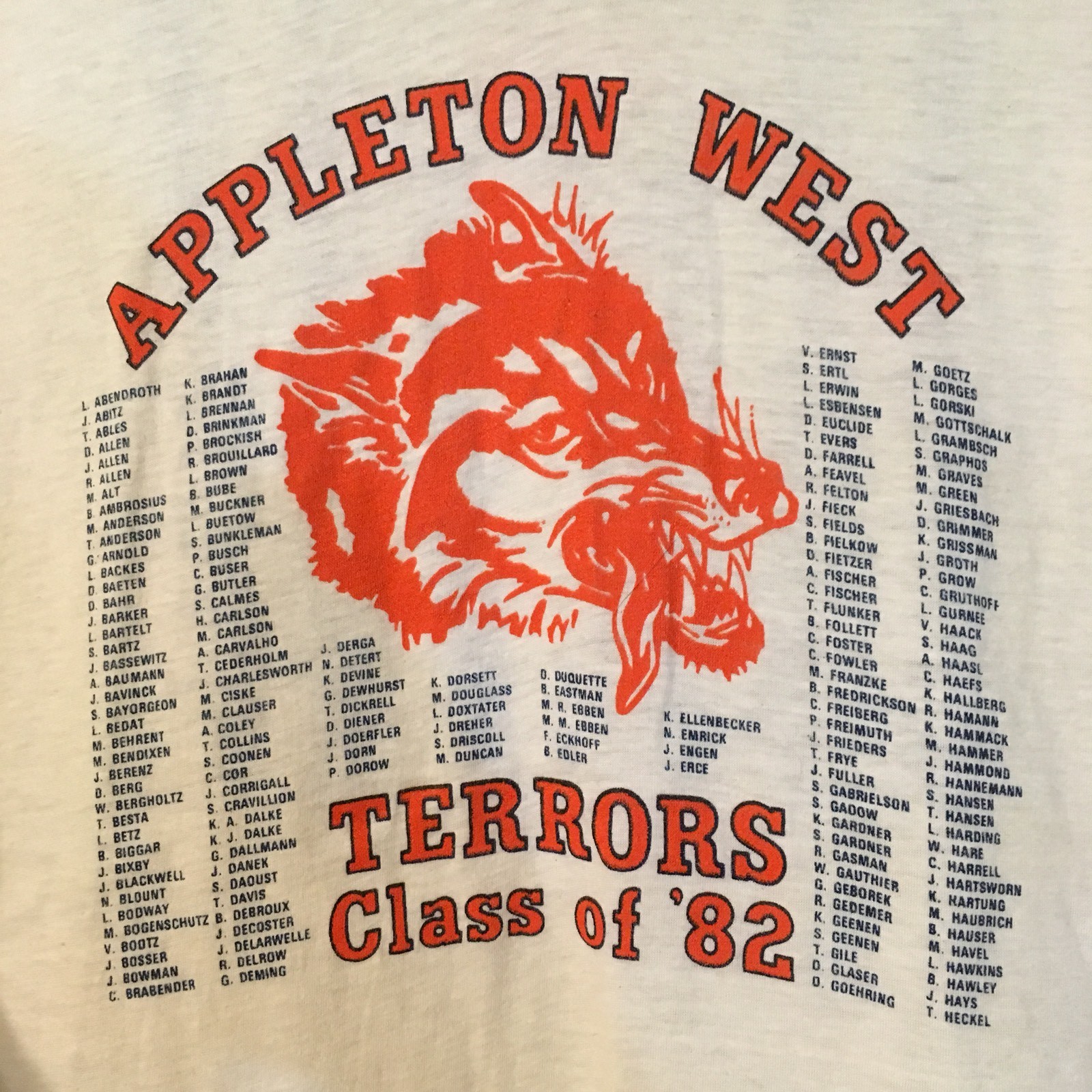 Vintage Appleton West HS Terrors Class 1982 Names Ringer T-Shirt Wisconsin Fit S