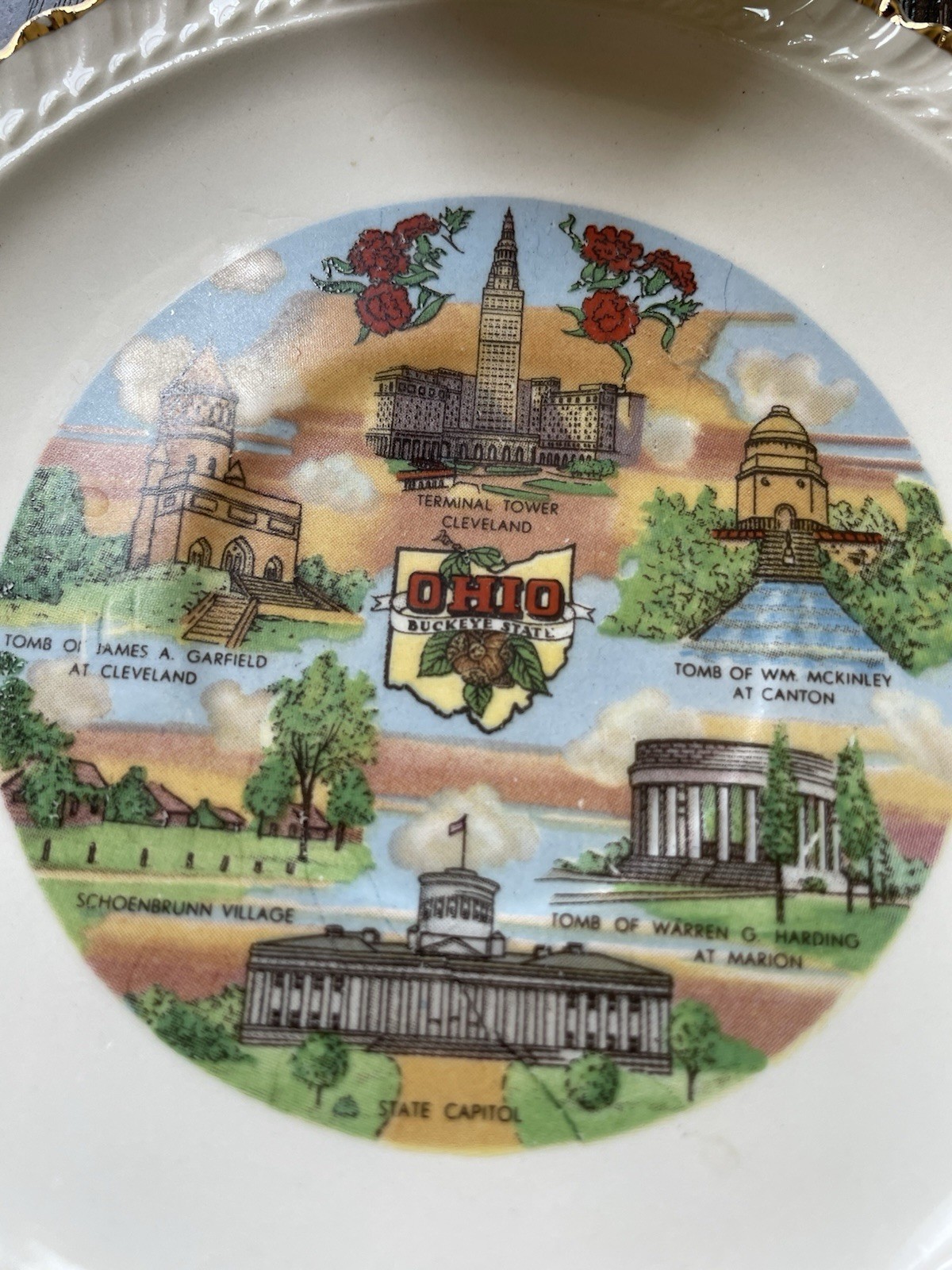 Vintage Ohio Buckeye State Souvenir Tea Cup and Saucer Set Capital Landmarks