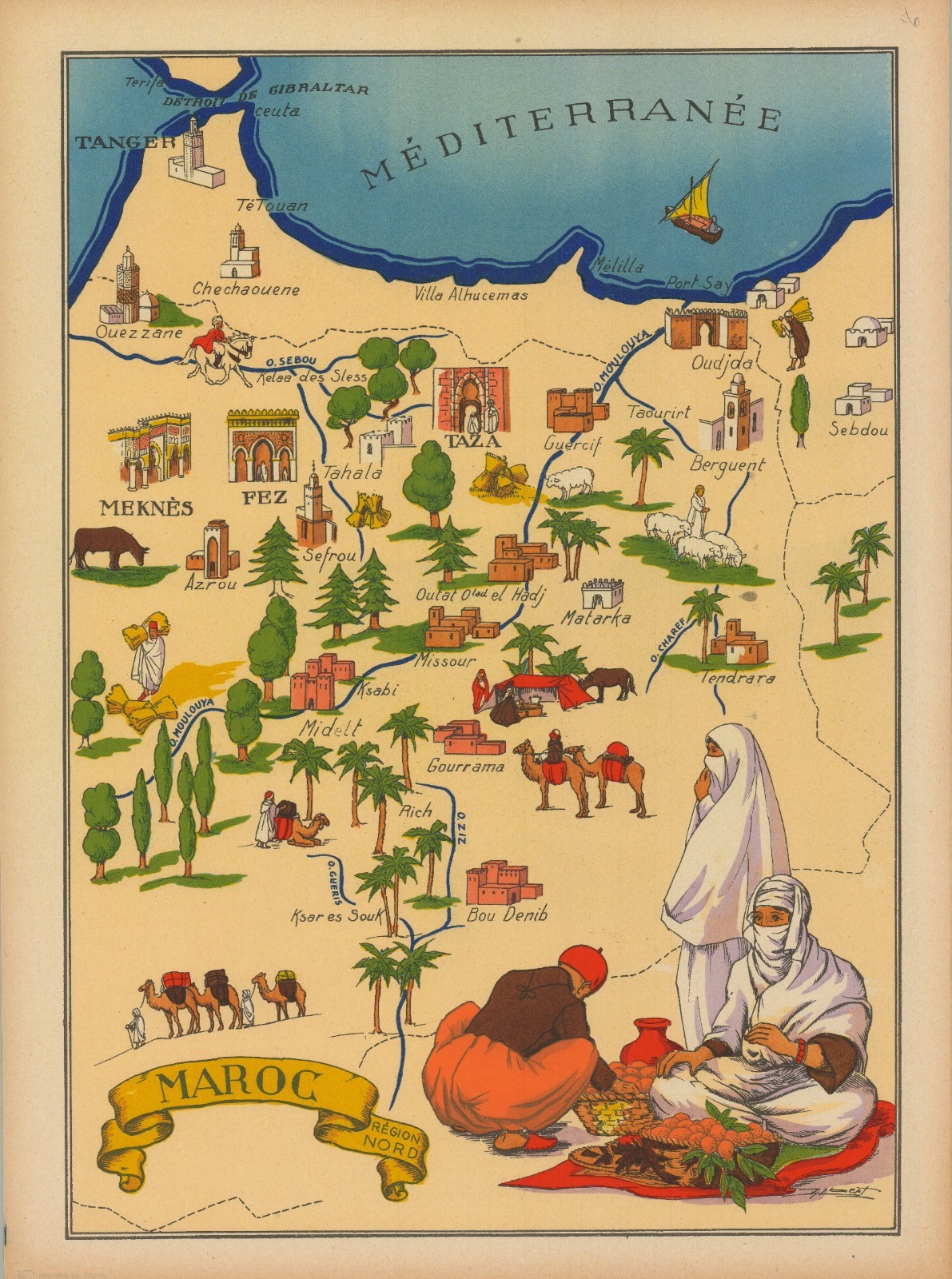 1943 Jylbert Colorful Pictorial Map of Morocco ‘Maroc Region Nord’ French Empire