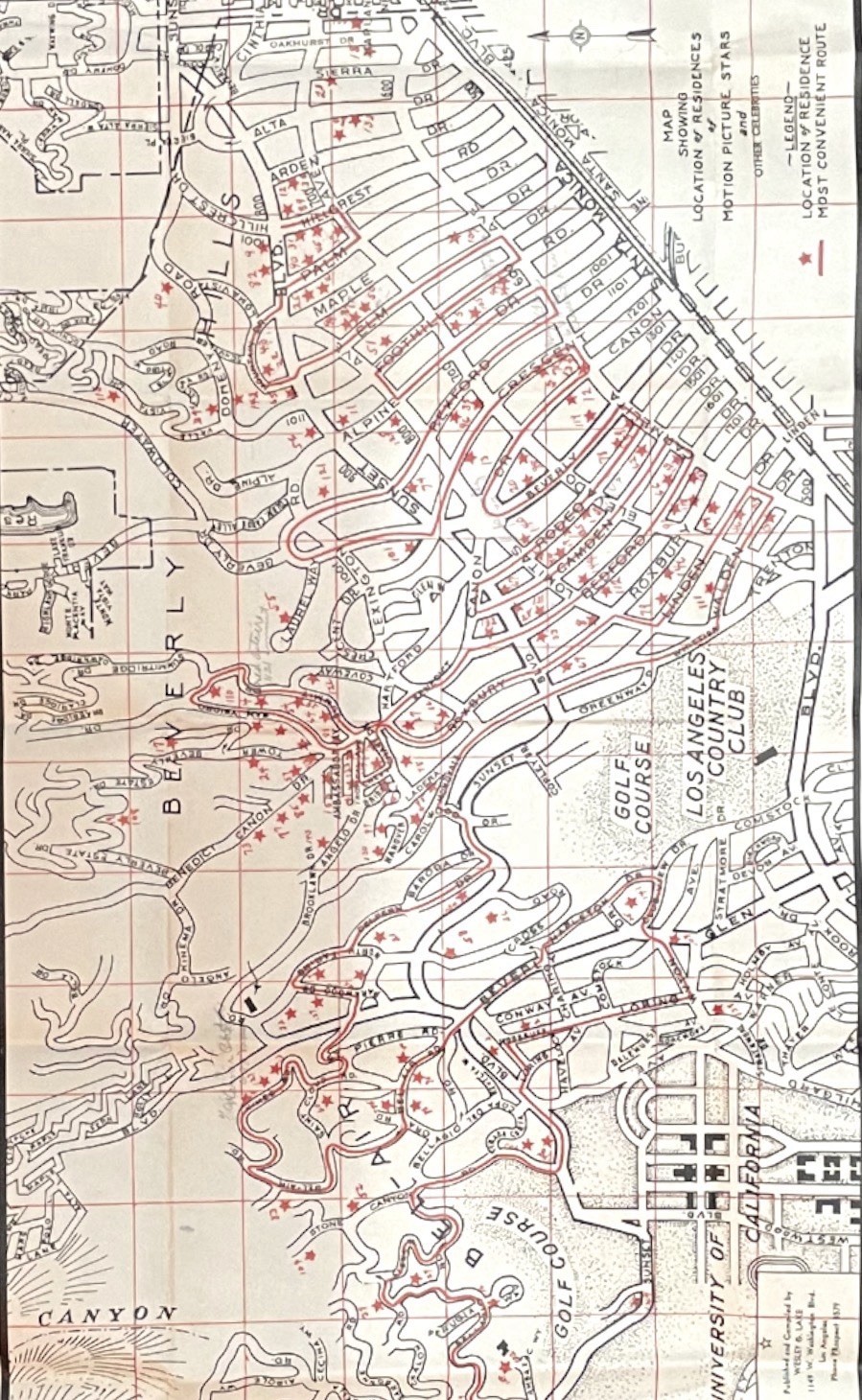 Wesley G. Lake 1941 Map of Movie Stars’ Homes Beverly Hills Los Angeles CA