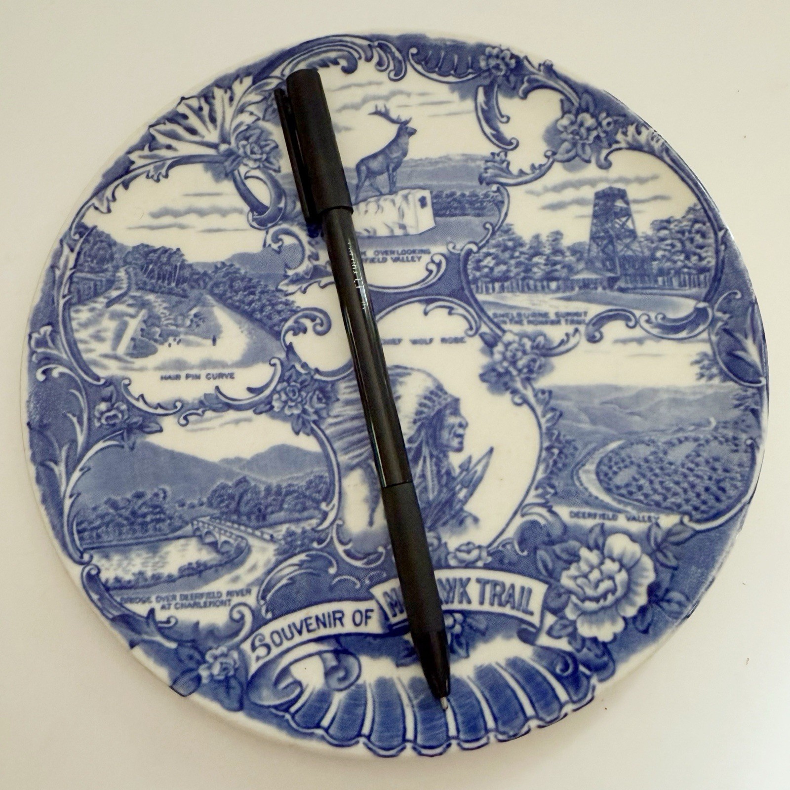 Vintage Mohawk Trail Western Massachusetts Blue Transferware Souvenir Plate
