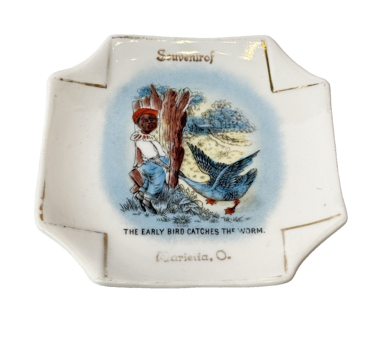 Marietta , OHIO OH – Early Bird Catches – Antique Souvenir China Dish Plate