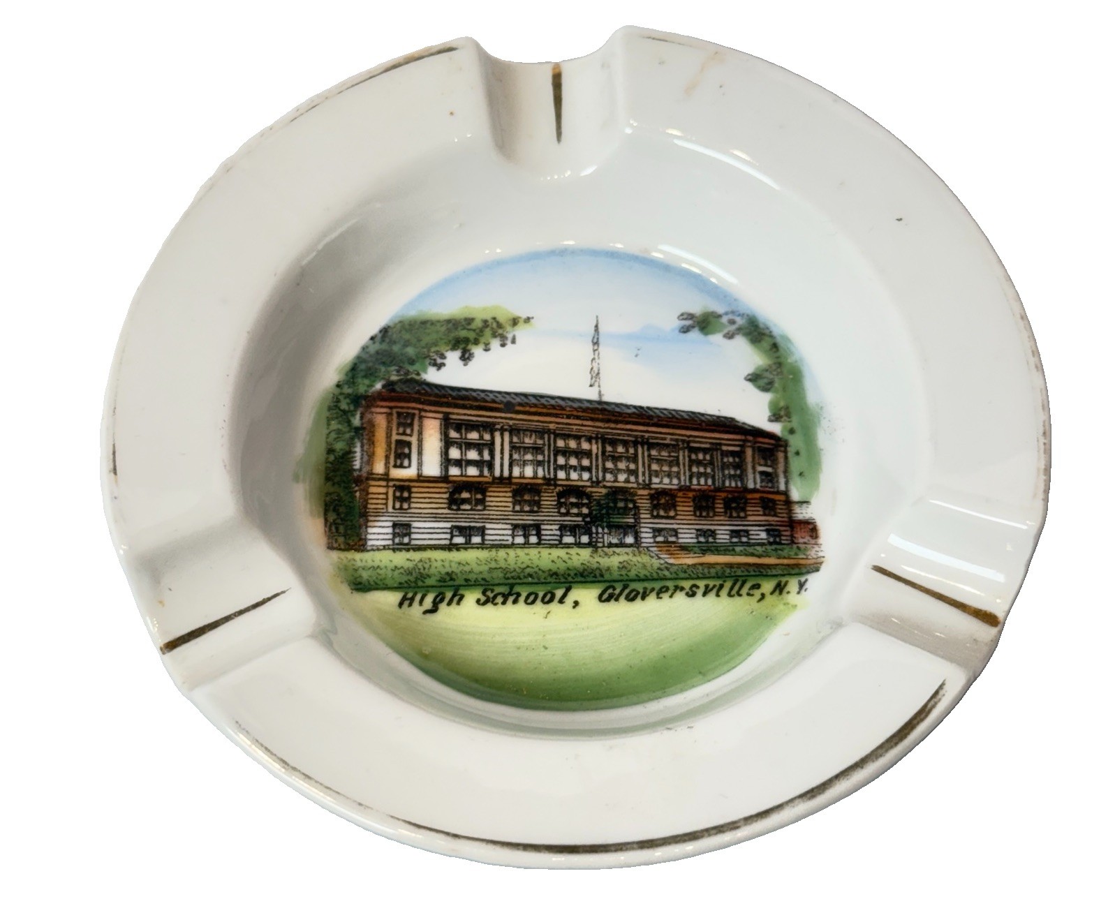 GLOVERSVILLE NY NEW YORK Souvenir Porcelain HIGH SCHOOL Trinket DISH ASHTRAY