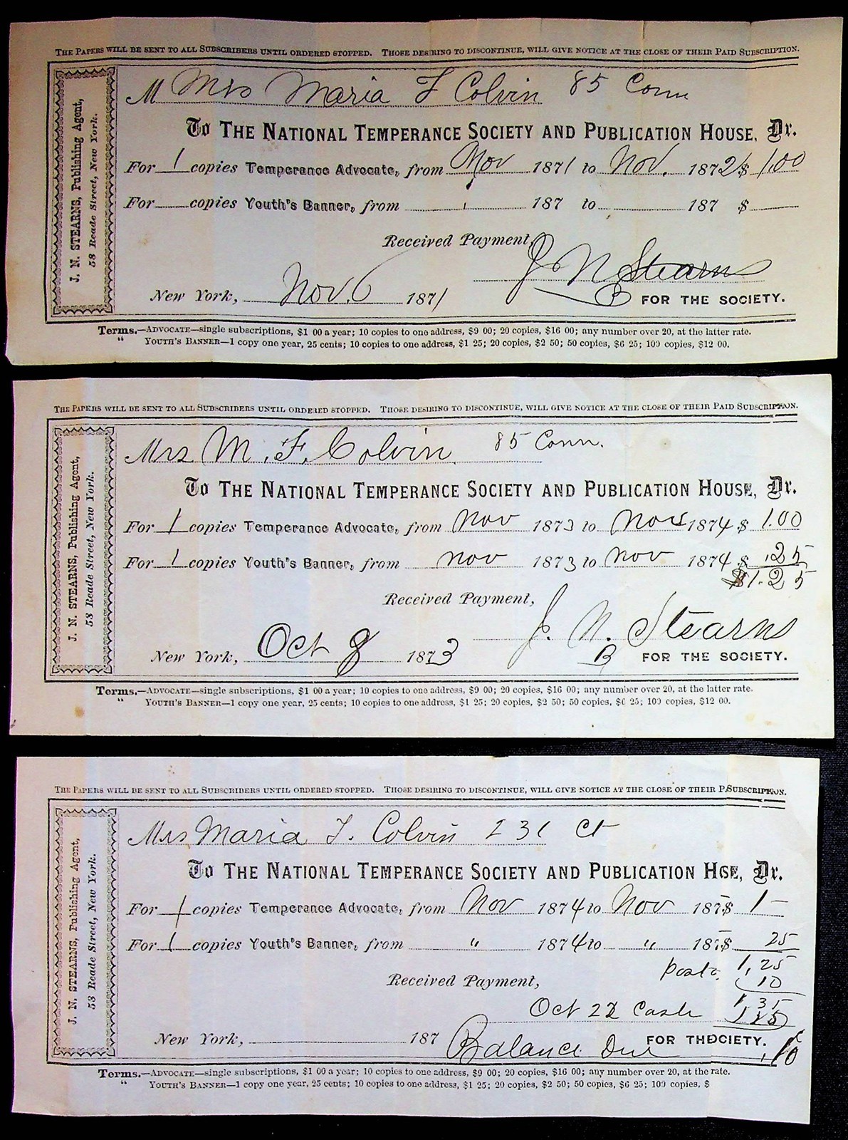 National Temperance Society & Publication House Receipts 1870s New York