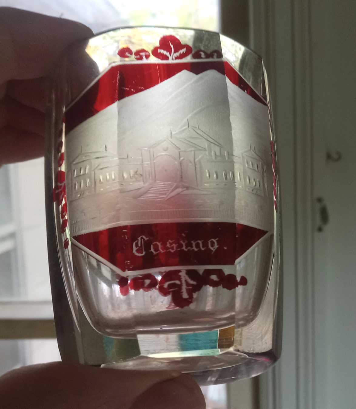 1870s RUBY STAINED 12 SIDED CASINO SPA ENGRAVED SOUVENIR SHOT GLASS FROM GERMANY