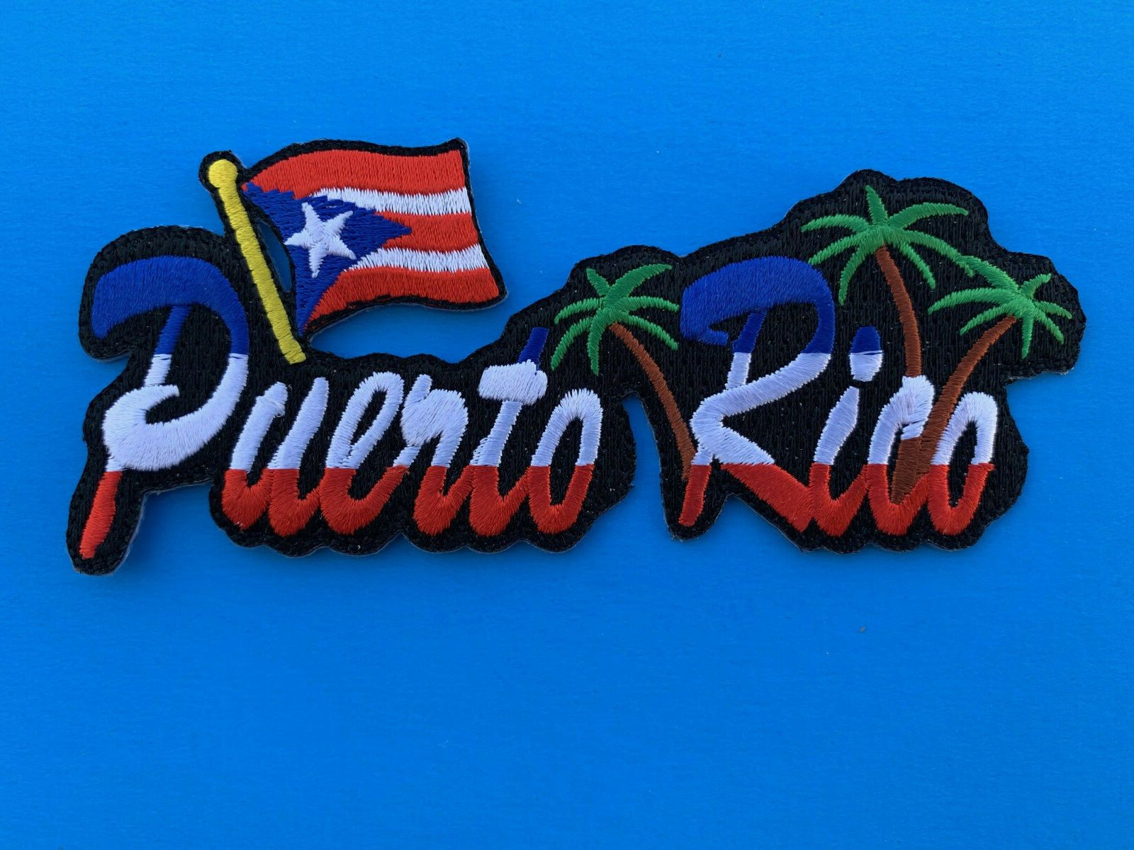 PUERTO RICO FLAG & TREES EMBROIDERED PATCH BORICUA IRON-ON SEW-ON (4.75 x 2.25)