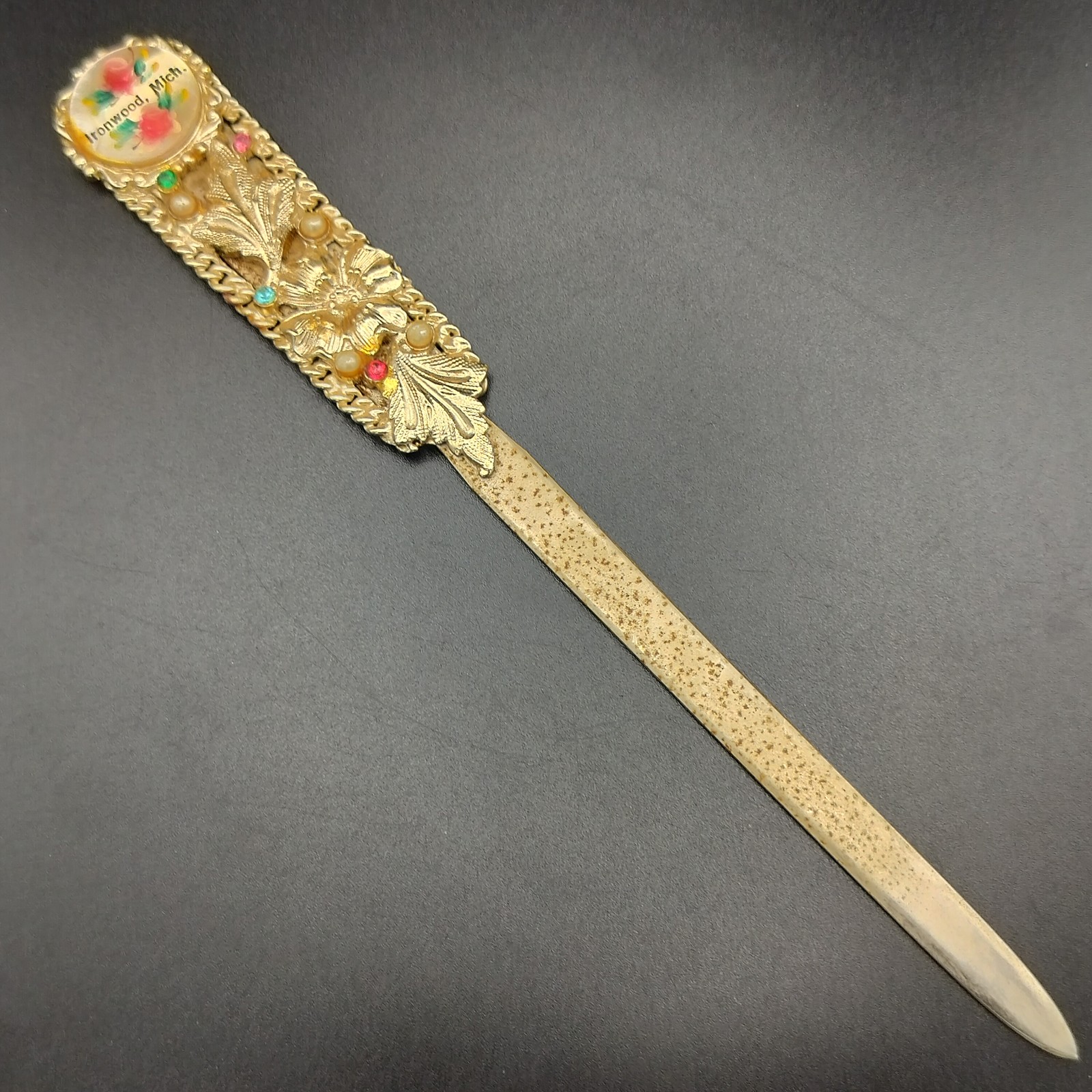 Vintage Ironwood Michigan Souvenir Letter Opener Gold Tone Faux Jewels 7.25″