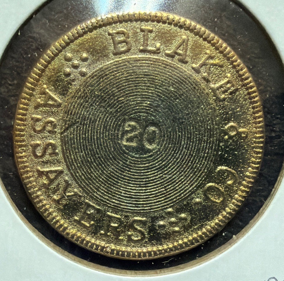 1855 BLAKE & CO ASSAYERS~SACRAMENTO , CALIFORNIA 20 DOLLARS TOKEN-31MM