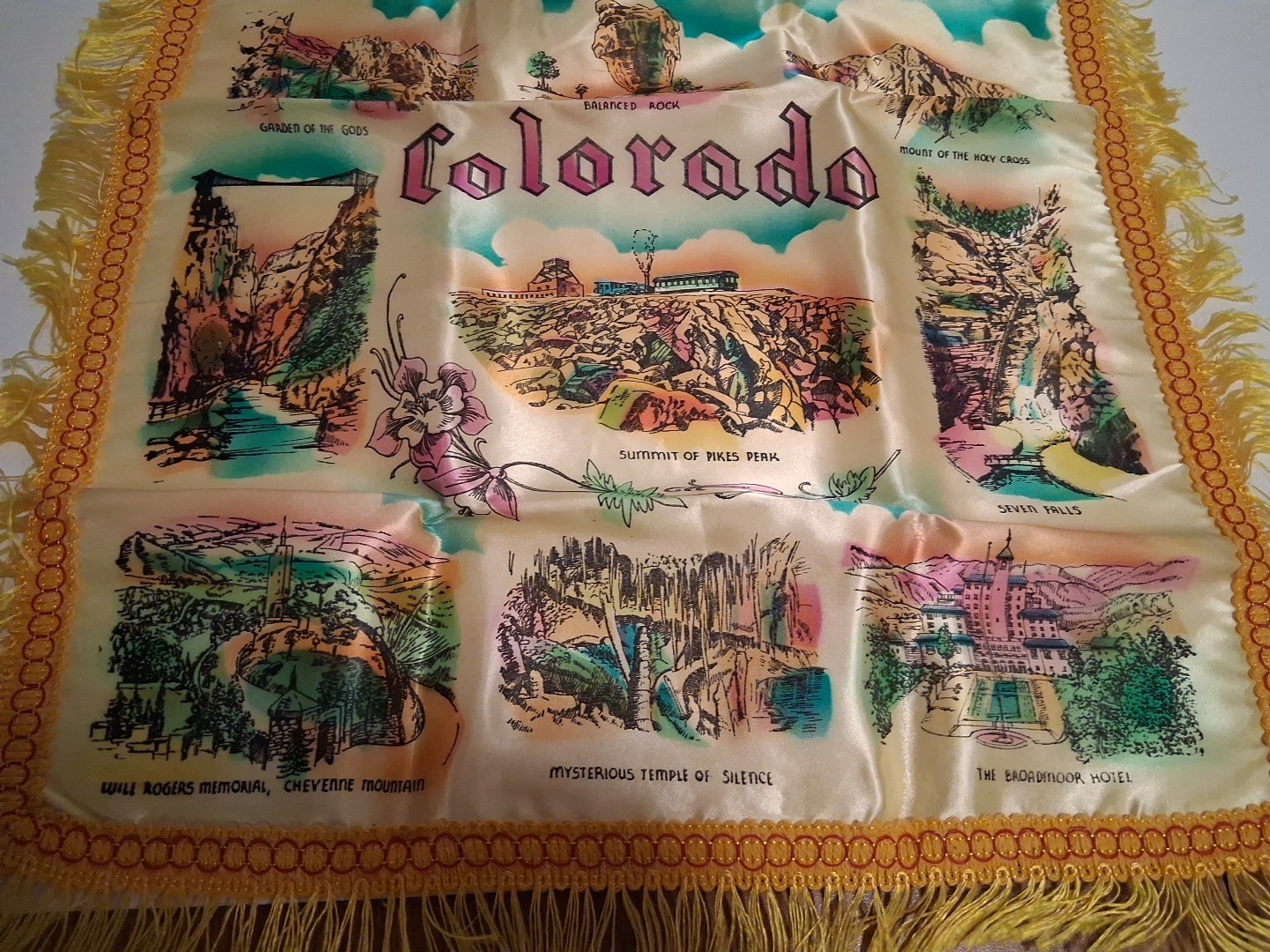 Vintage Colorado Fringed Souviner Scarf Pictoral Tapestry Decor
