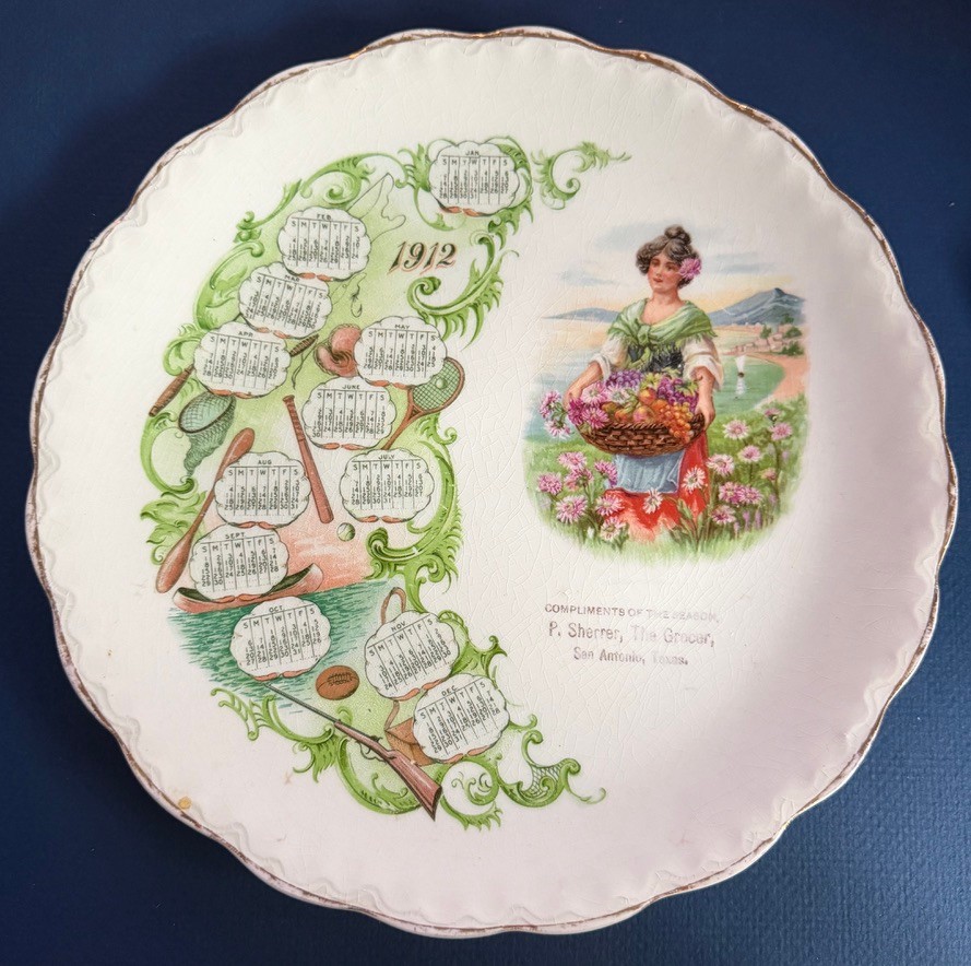 Antique 1912 San Antonio Texas Advertising Calendar Plate – P. Sherrer, Grocer