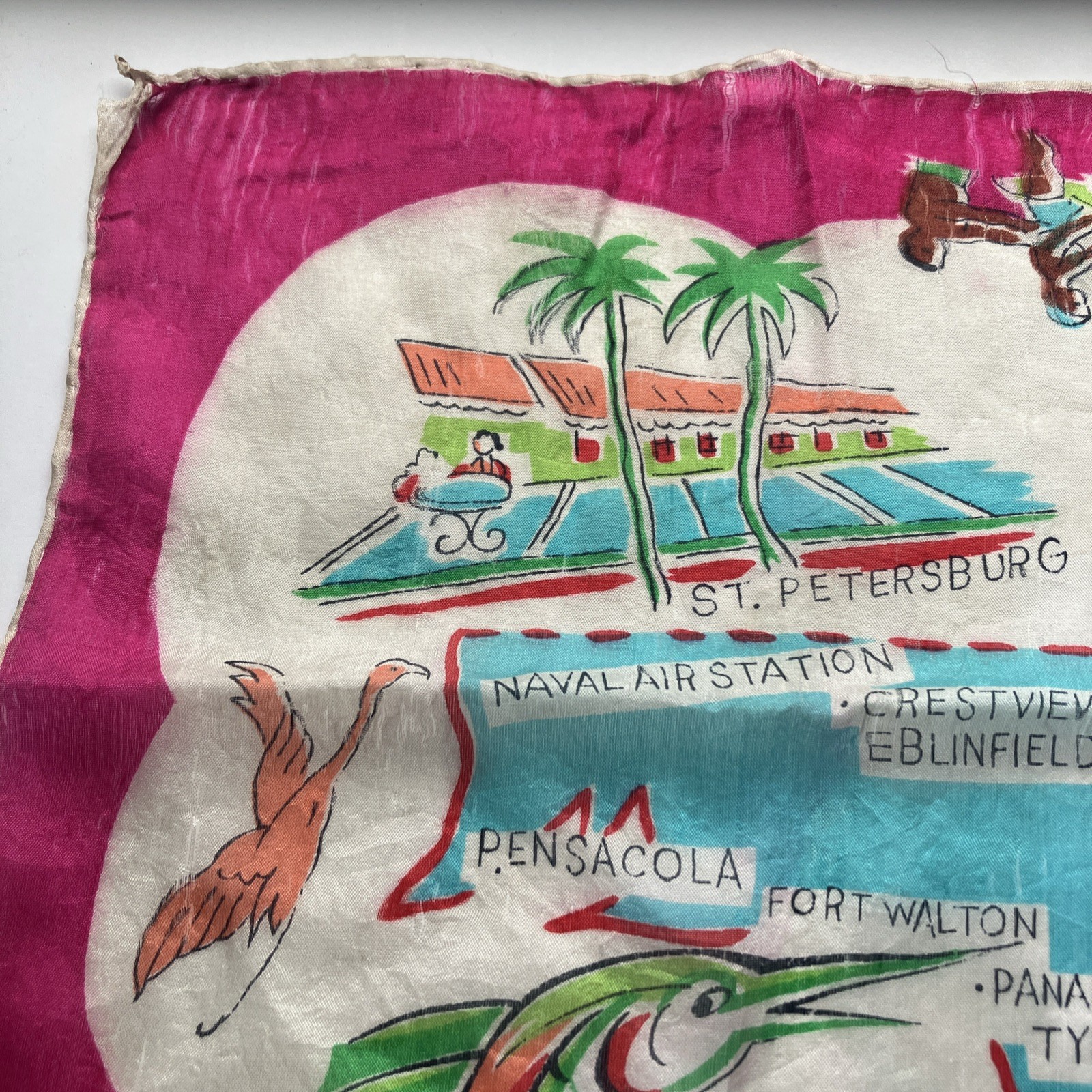Vintage FLORIDA Map Souvenir Sheer Pink Scarf Hair wrap bandana flamingos