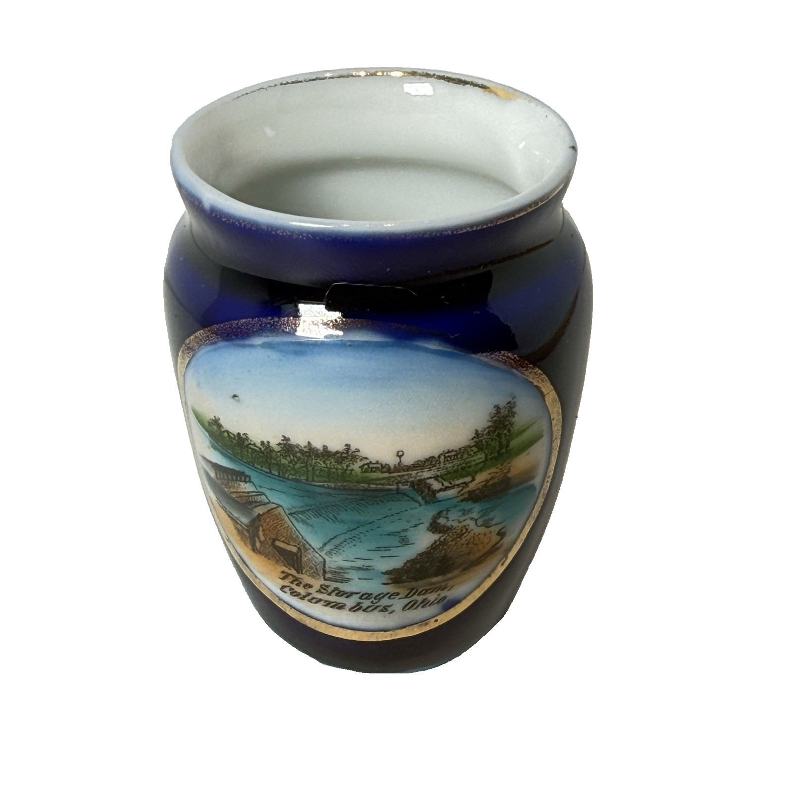 COLUMBUS, OHIO OH – STORAGE DAMS – Antique Souvenir China Cobalt Painted Cup