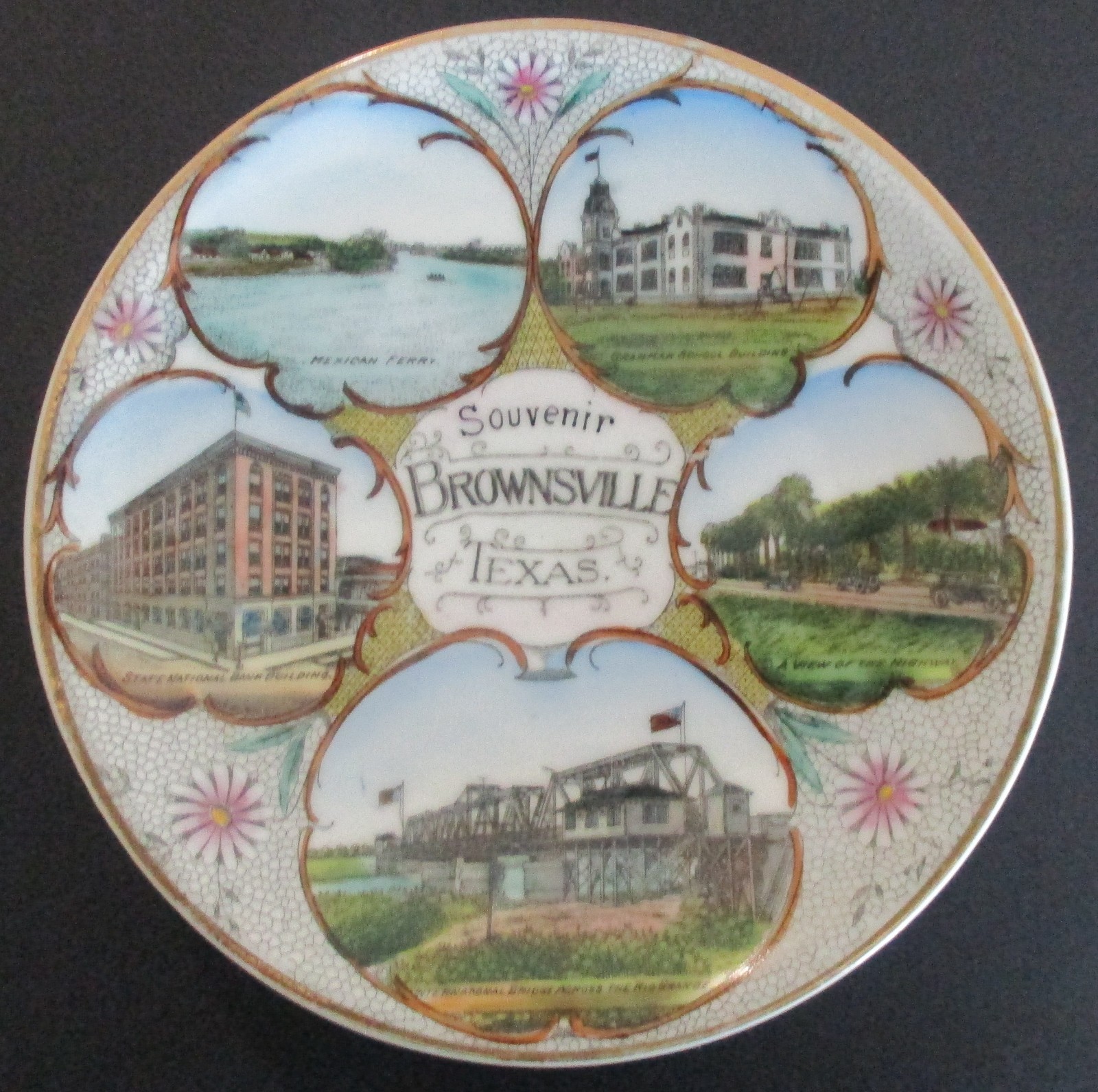 Early 20th Century Souvenir Multi Scene Plate Rio Grande River Brownsville Texas
