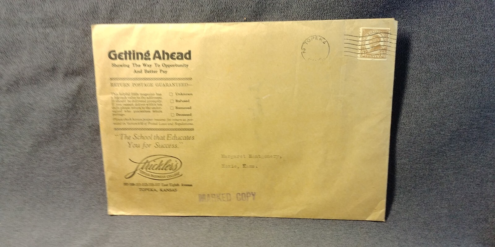 1930s Stricklers Topeka Business College Harding 1 1/2c Coil Stamp Cover A77