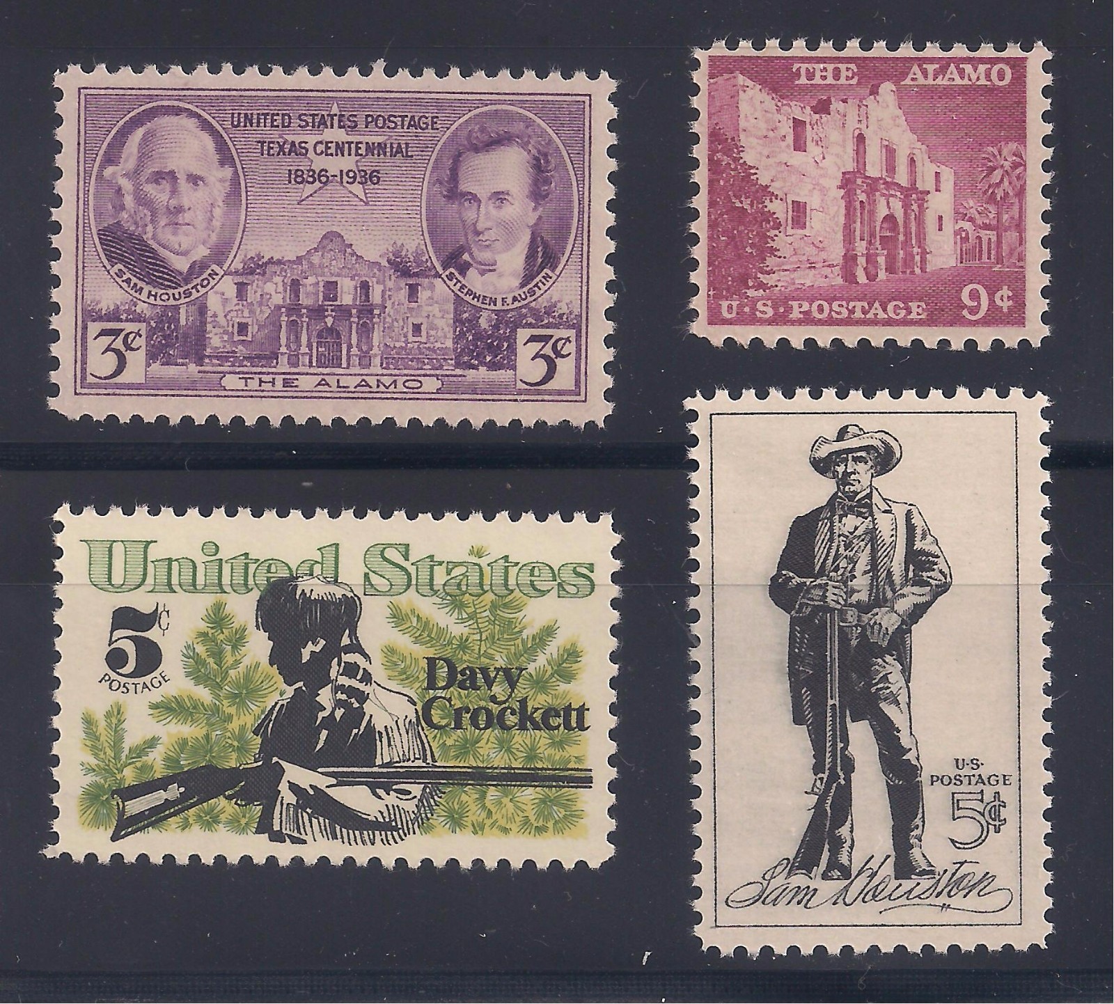 TEXAS: ALAMO, DAVY CROCKETT, SAM HOUSTON – SET OF 4 U.S. STAMPS – MINT CONDITION