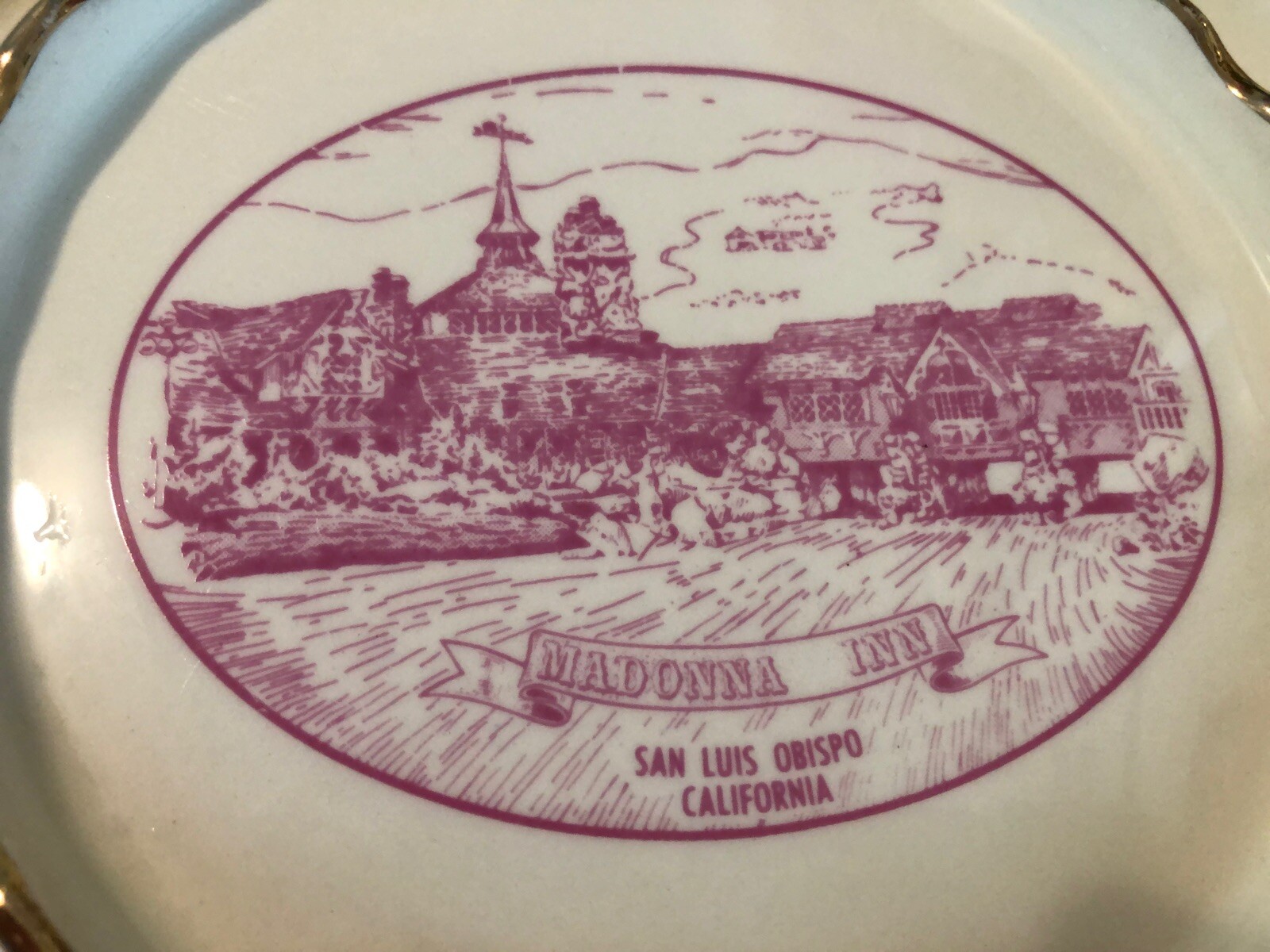 Vtg Madonna Inn Ceramic Ashtray Trinket Dish Gold Edges San Luis Obispo CA Hotel
