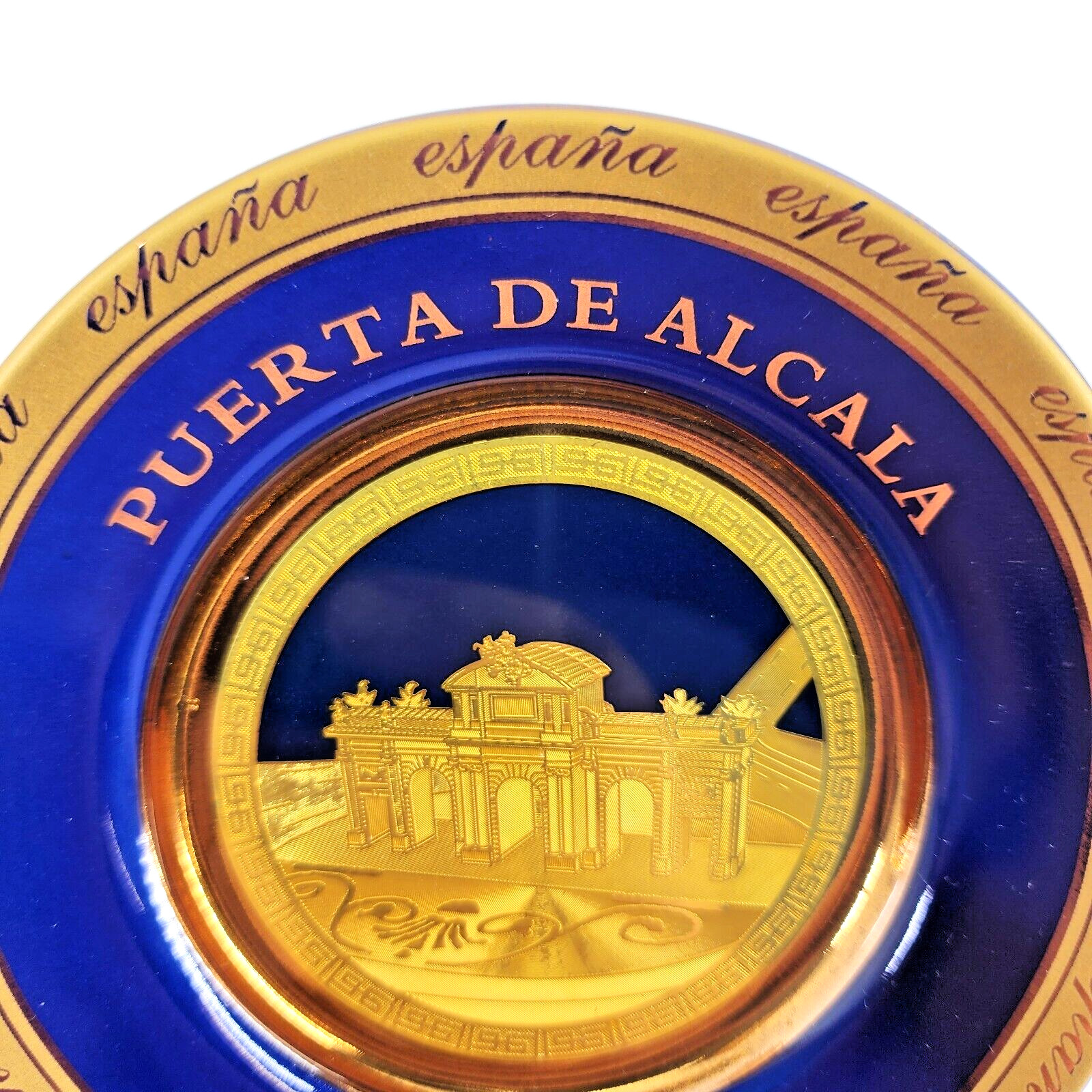 Puerta De Alaca Madrid Spain España 24k Gold Plated Cobalt Blue Souvenir Plate