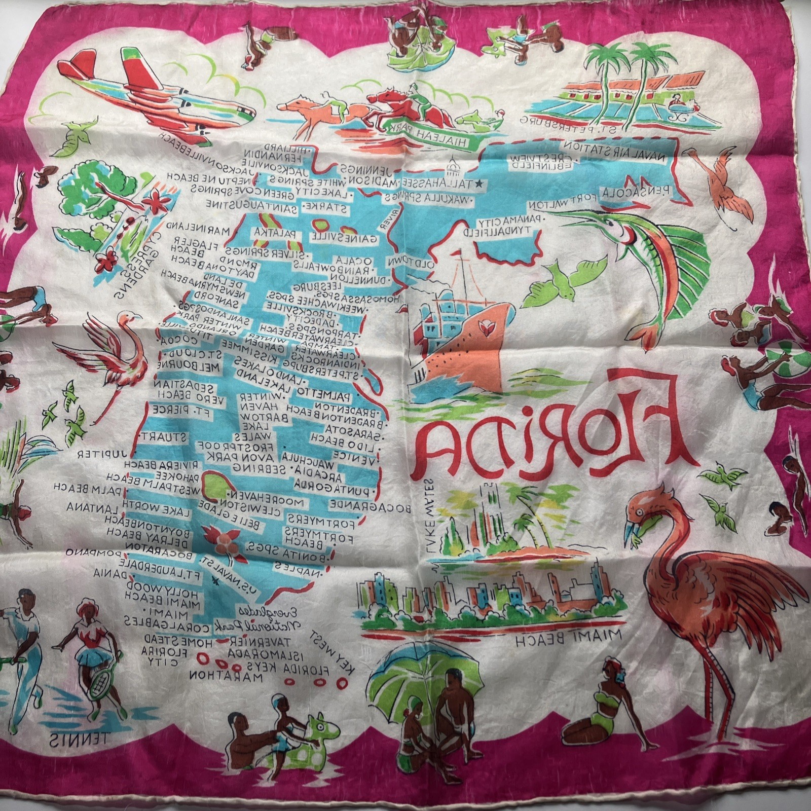 Vintage FLORIDA Map Souvenir Sheer Pink Scarf Hair wrap bandana flamingos