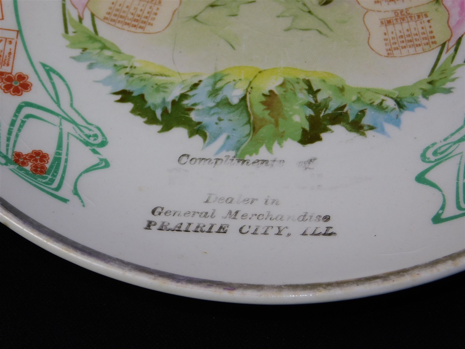 Antique 1911 1912 W. A Jewell Prairie City IL Calendar Souvenir Plate 8.5″