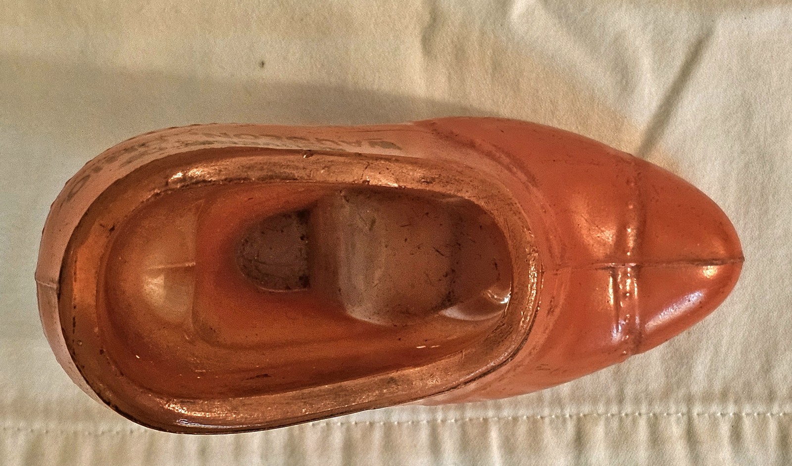 Vintage 1930s Antique Red Orange Painted Glass Shoe Souvenir Wauseon Ohio 4.5″