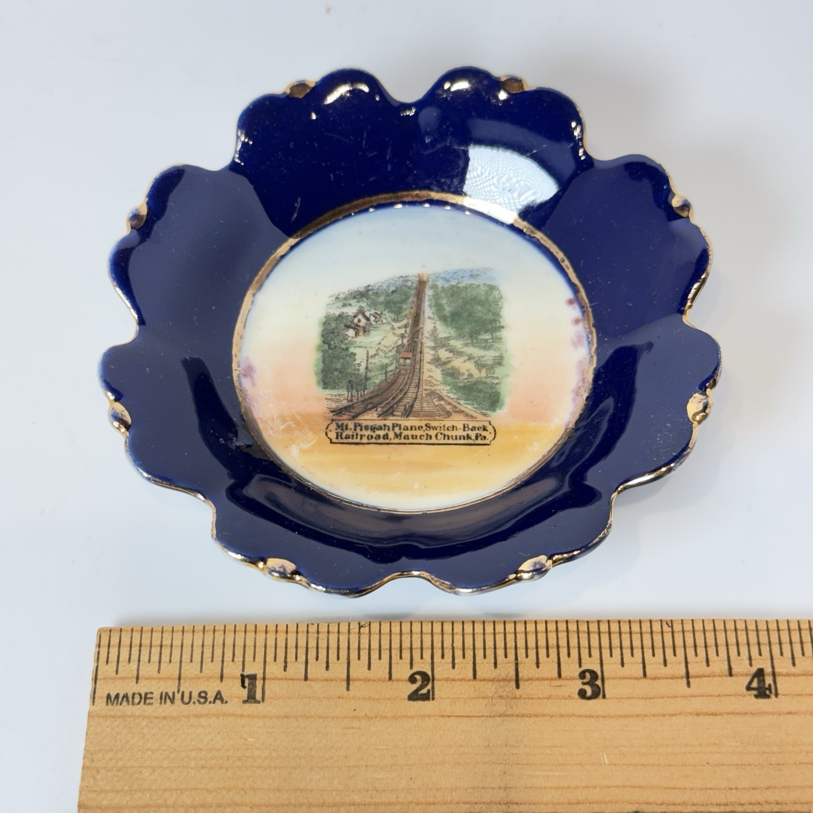 Mauch Chunk Pennsylvania PA Antique RAILROAD Souvenir COBALT TRINKET DISH