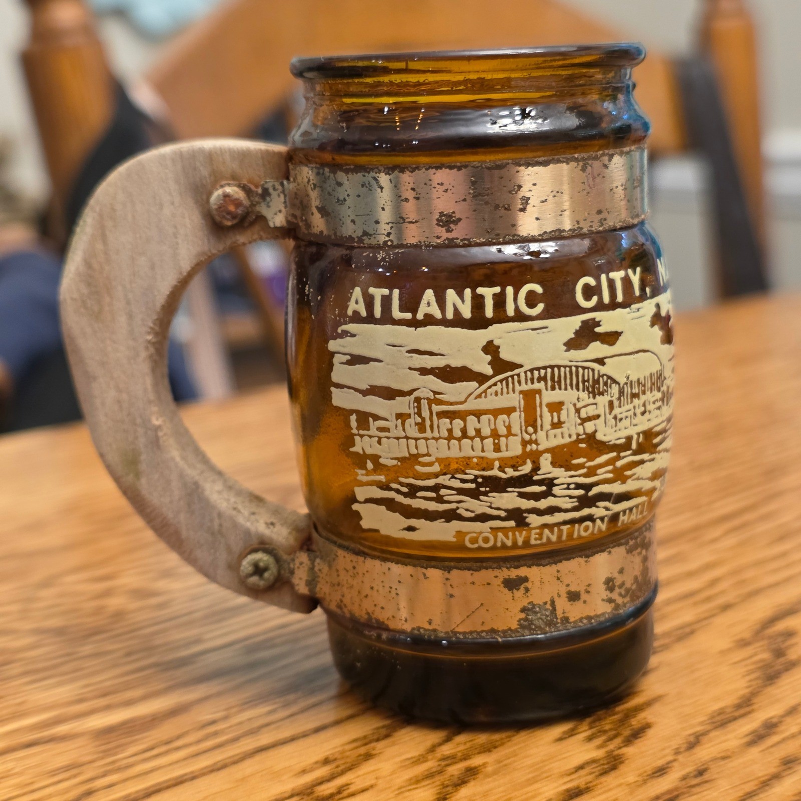 Vintage Atlantic City NJ Amber Glass Mini Souvenir Mug Steel Pier Wood Handle