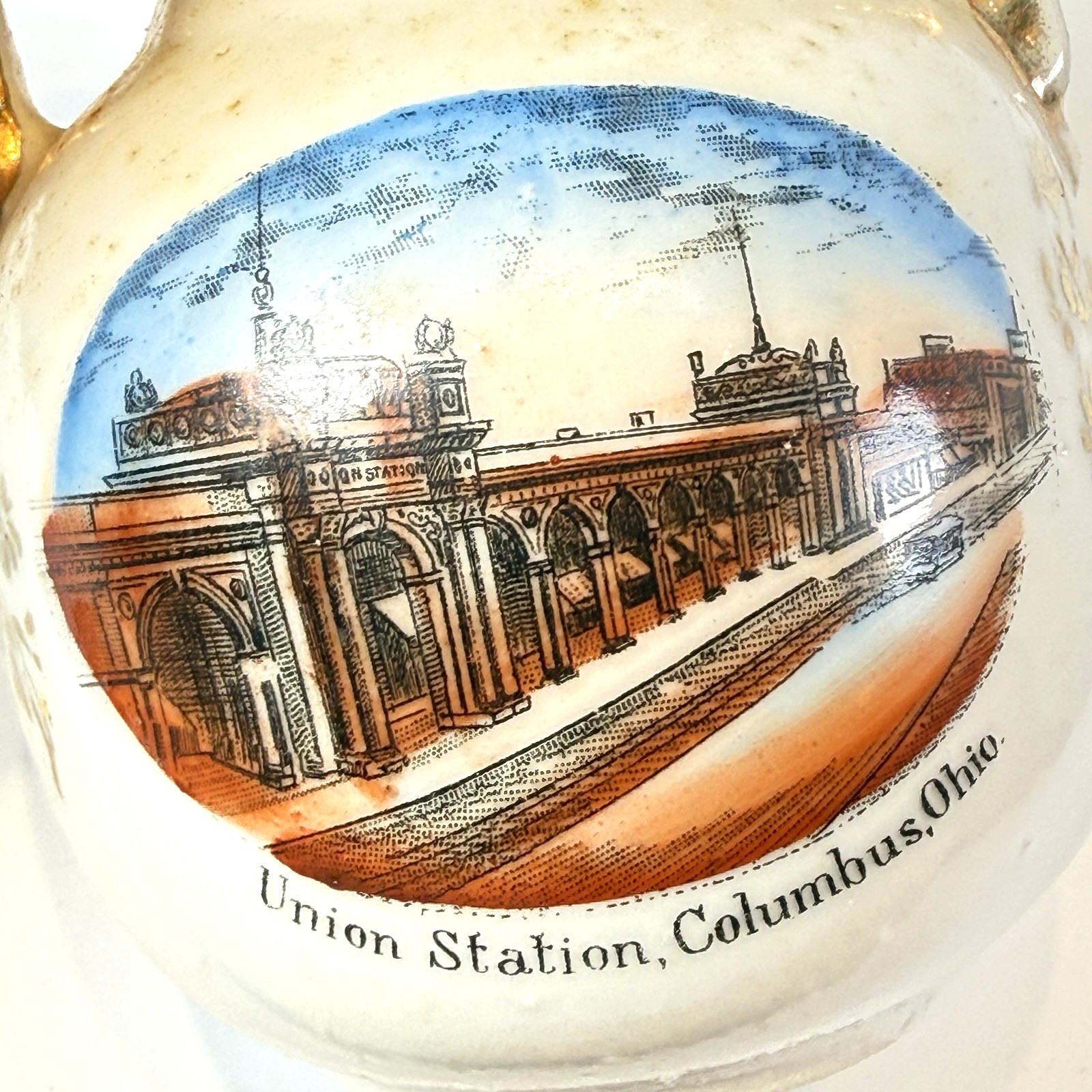 COLUMBUS OHIO OH Antique Souvenir UNION STATION Porcelain Painted China Vase
