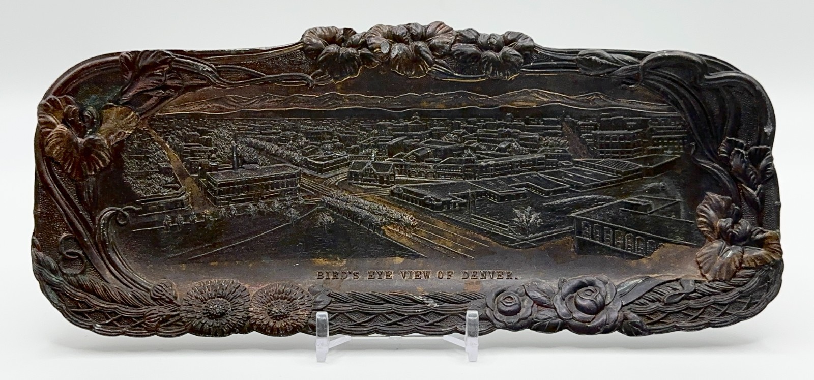 Beautiful Antique ‘Bird’s Eye View of Denver’ Copper Decorated Souvenir Tray 8″