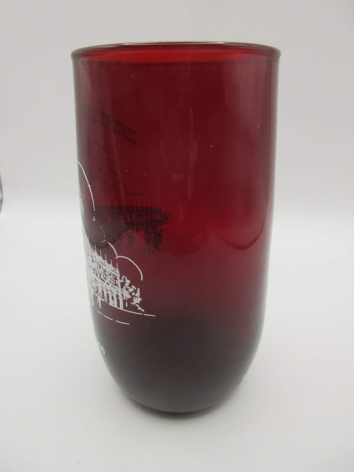 Vtg Ruby Red Glass Tumbler Conventional Hall Kansas City MO 1850-1950 Historical