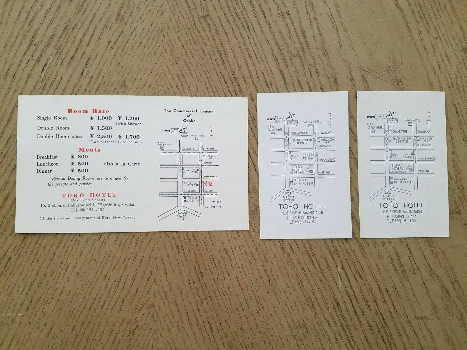 RARE 1954 Toho Hotel Higashi-Ku Osaka Japan Rates Tariff & (2) Business Cards