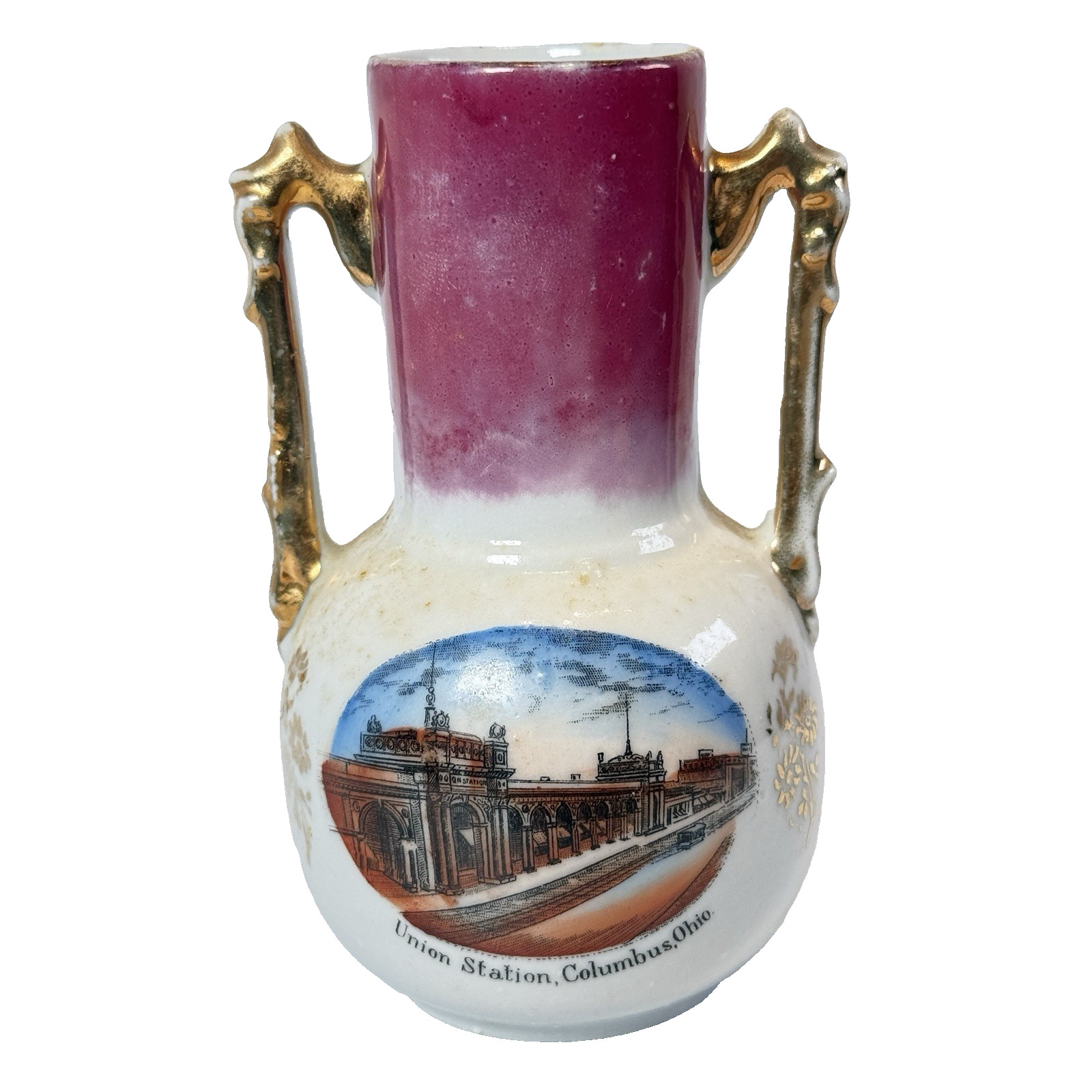 COLUMBUS OHIO OH Antique Souvenir UNION STATION Porcelain Painted China Vase