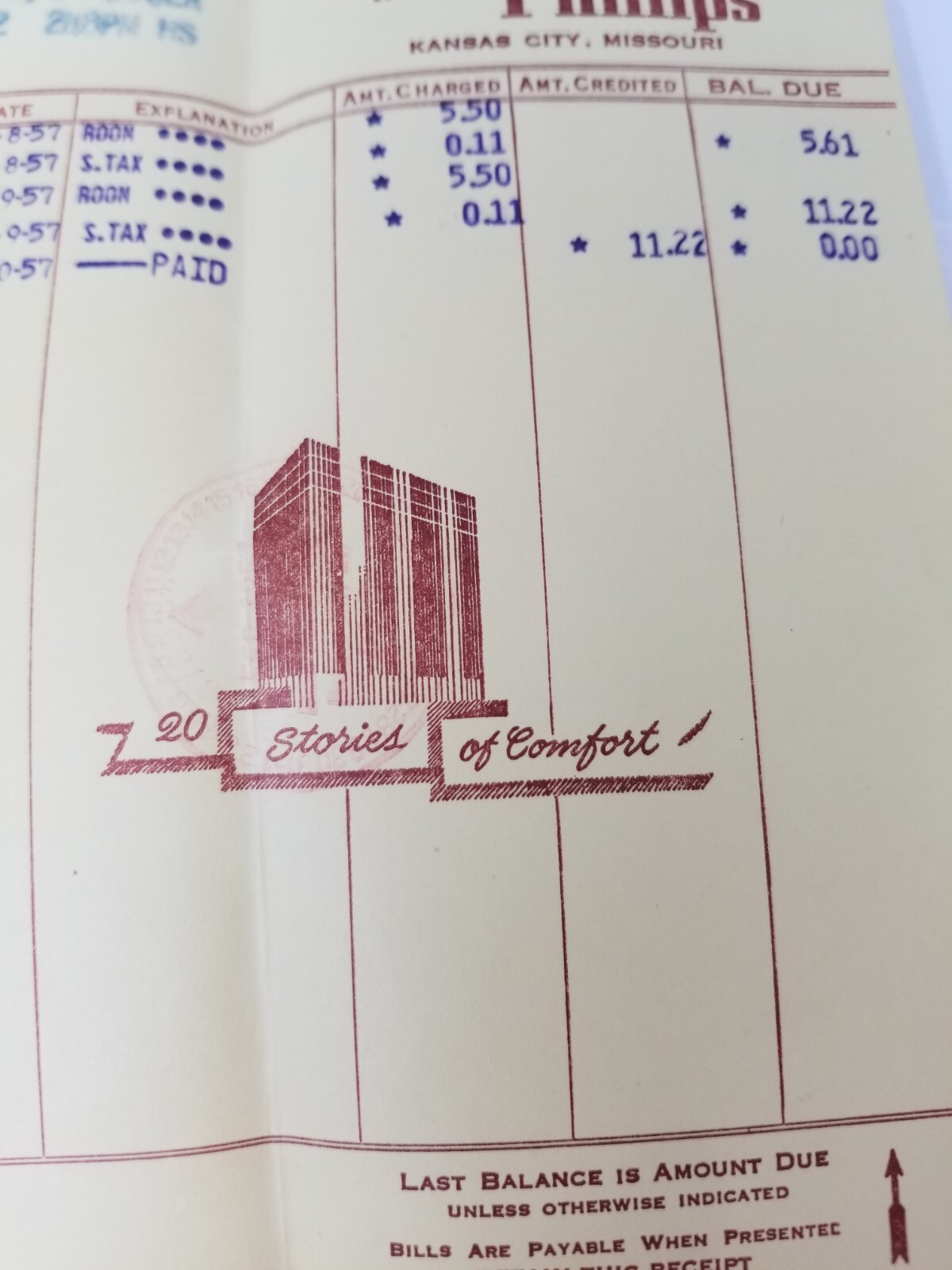 Hotel Phillips Bill February 1957 Kansas City Missouri 20 Stories of Comfort