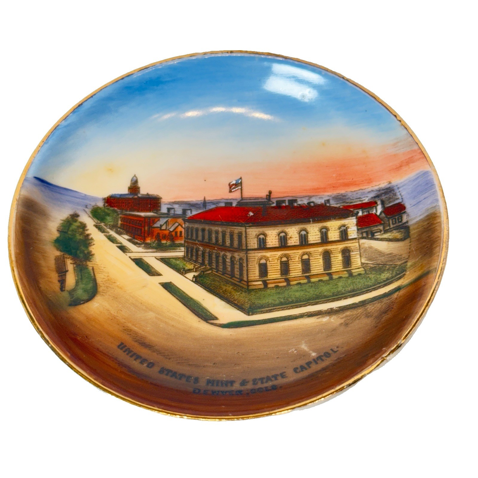 DENVER COLORADO CO Antique US MINT & CAPITOL Painted Souvenir TRINKET PLATE