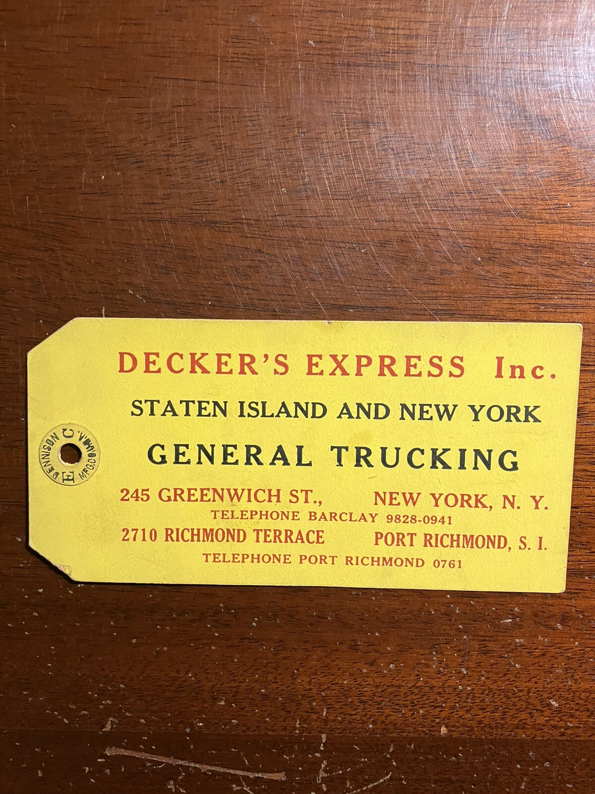 Decker’s Express Staten Island NYC General Tagging Manhattan Vtg Tag