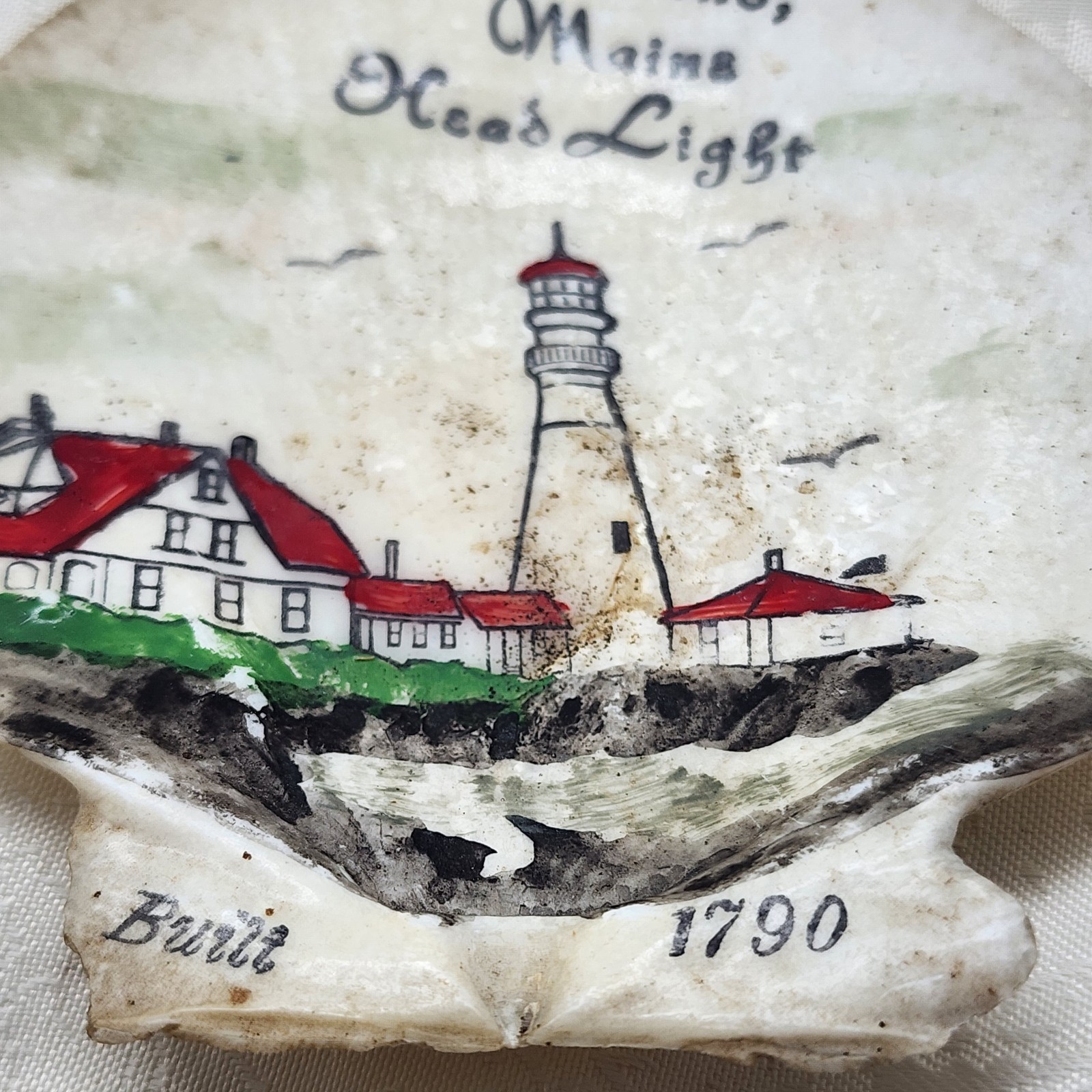 Vintage Portland Headlight Hand Painted Souvenir Seashell Lighthouse Maine