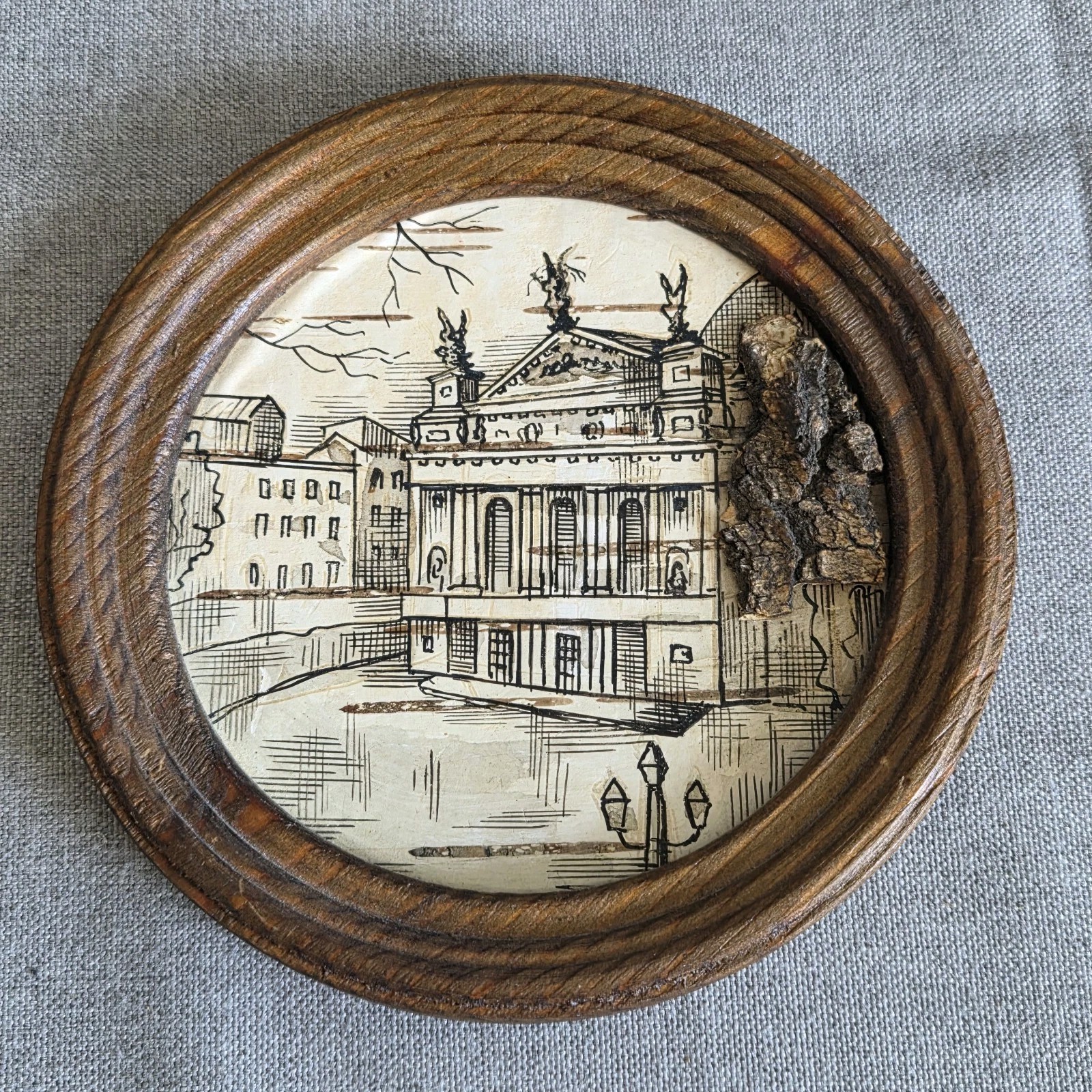 VTG 1988 Lviv Ukraine Opera House Wood Framed Souvenir Plaque Signed Note