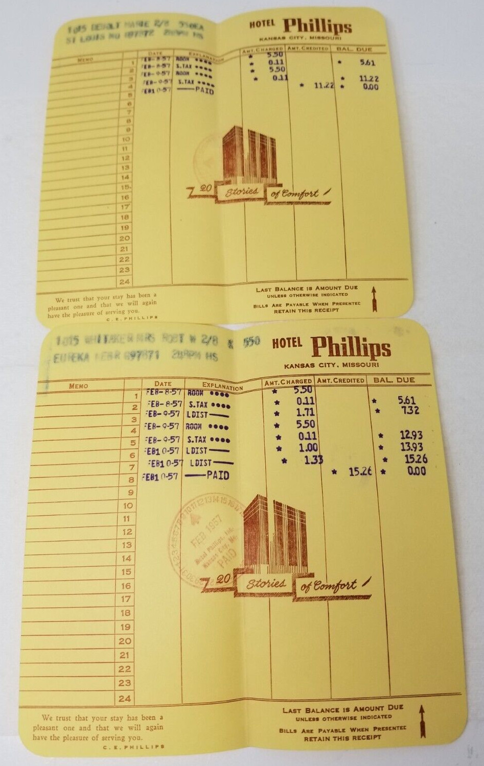 Hotel Phillips Bill February 1957 Kansas City Missouri 20 Stories of Comfort
