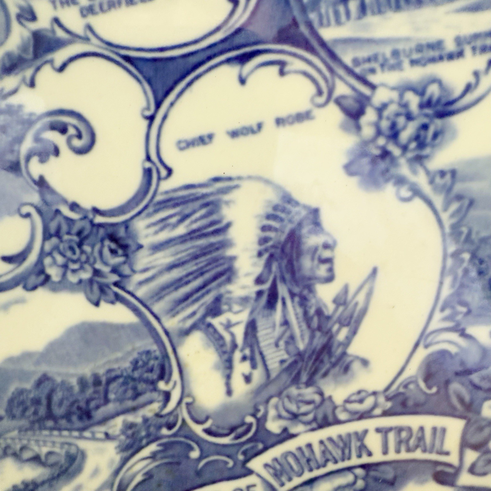 Vintage Mohawk Trail Western Massachusetts Blue Transferware Souvenir Plate