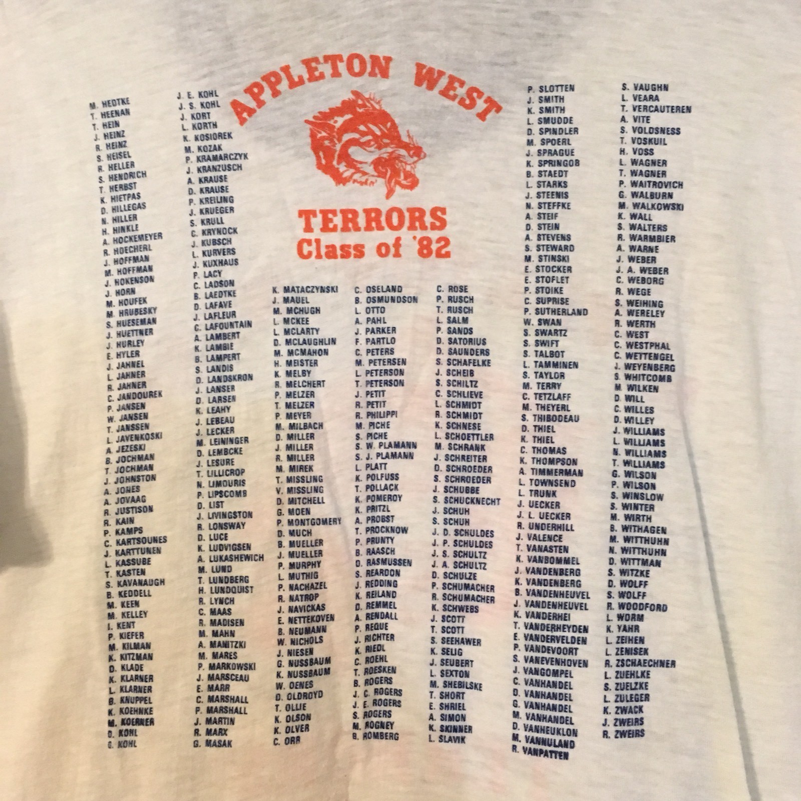 Vintage Appleton West HS Terrors Class 1982 Names Ringer T-Shirt Wisconsin Fit S