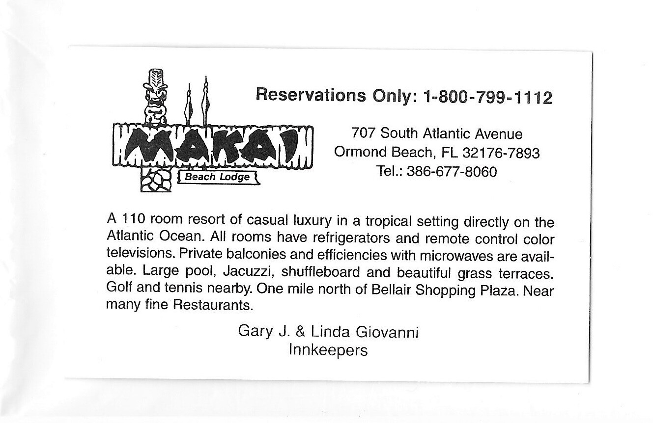 1990s MaKai Tiki Hotel Business Card Fort Ormond Beach FL Polynesian inn t Mai