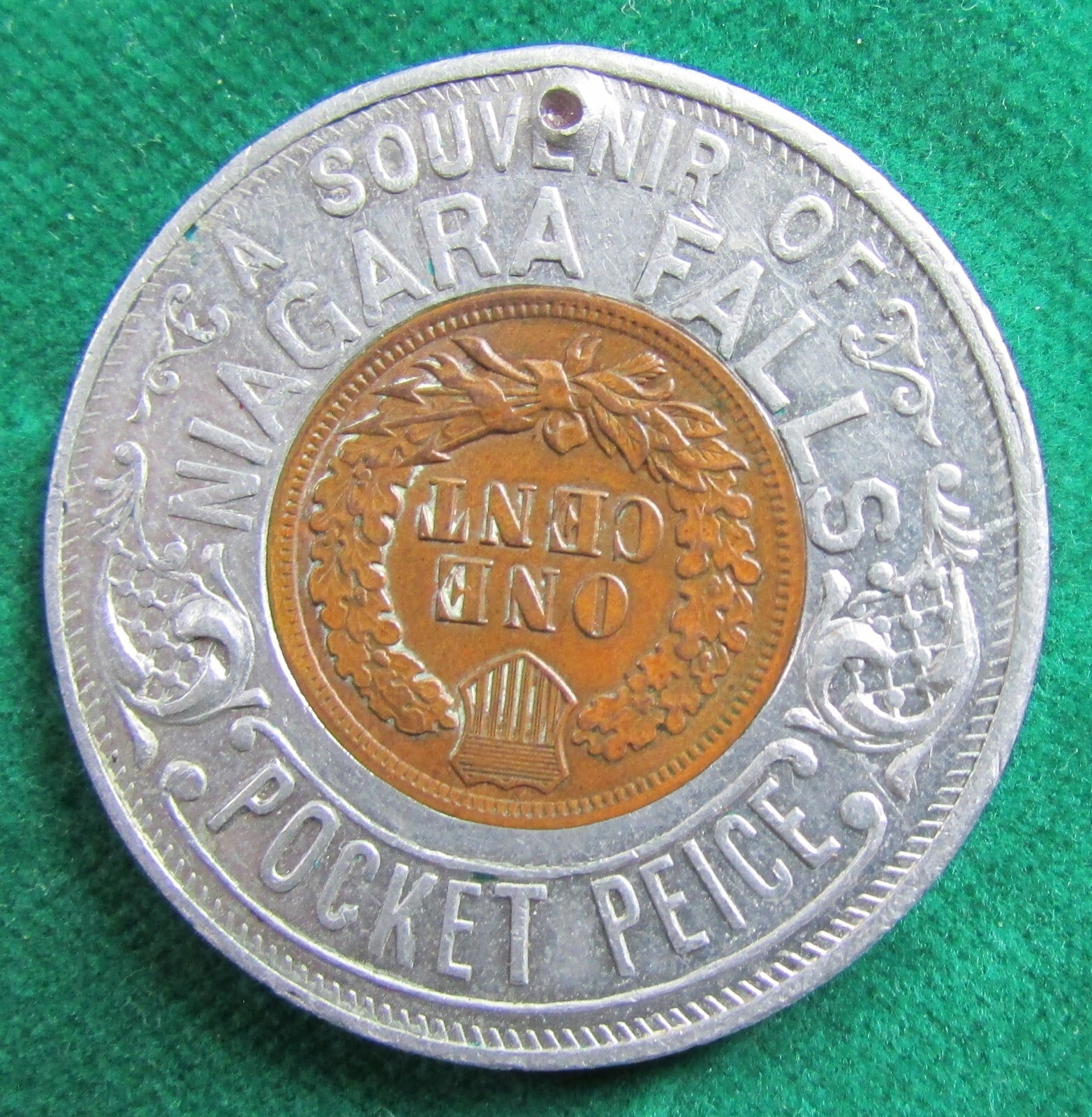 1904 Encased Indian Head Penny Cent Niagara Falls Souvenir Pocket Piece